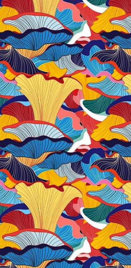 Trippy Mushroom 桌布 壁紙 — 充滿活力的抽象圖案，採用大膽的藍色、黃色和紅色，帶有黑色輪廓的風格化扇形形狀。