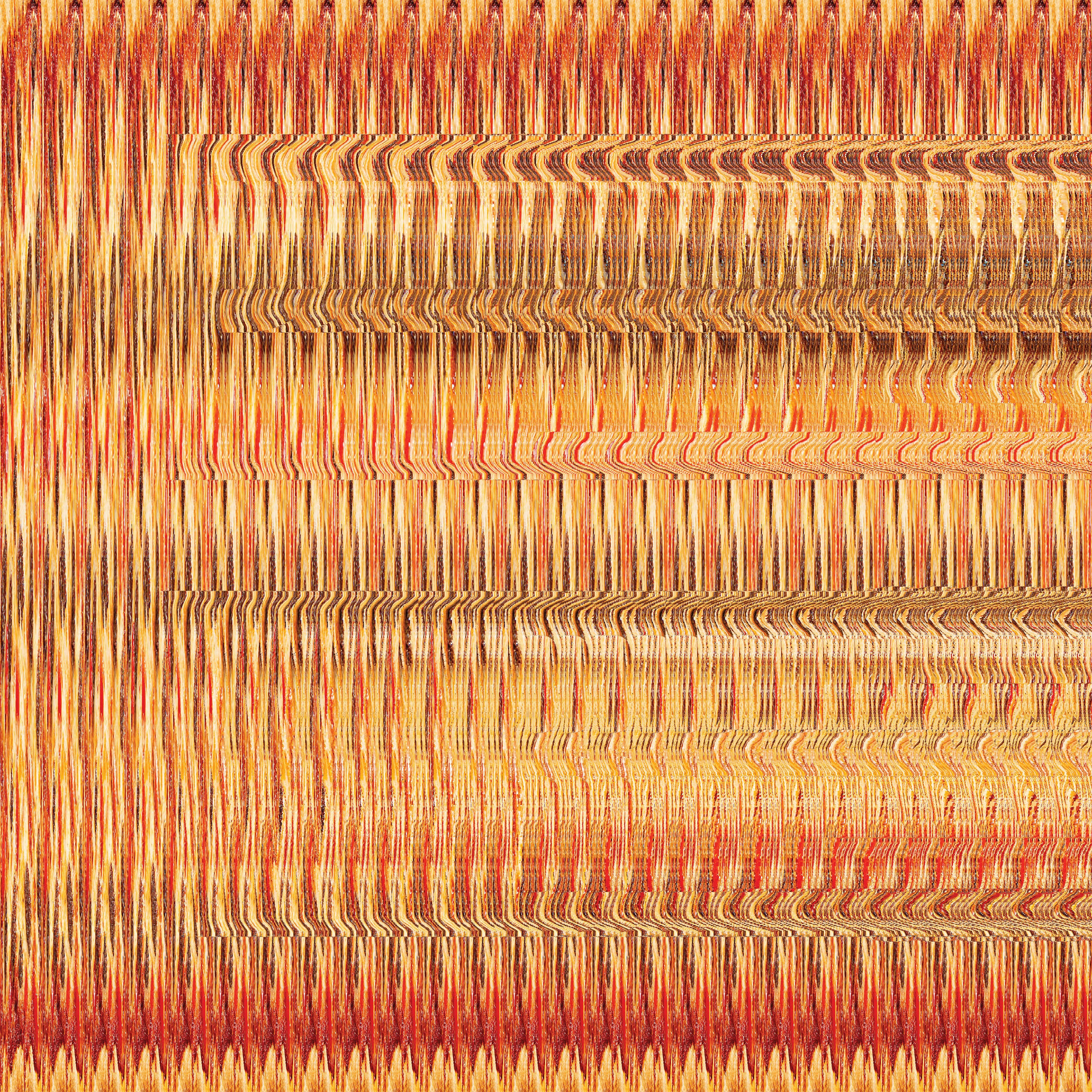 Magic Eye 桌布 壁紙 — 充滿活力的抽象圖案，由火橙色紅色和金色色調的波浪形垂直條紋組成，營造出動態的紋理視覺效果。