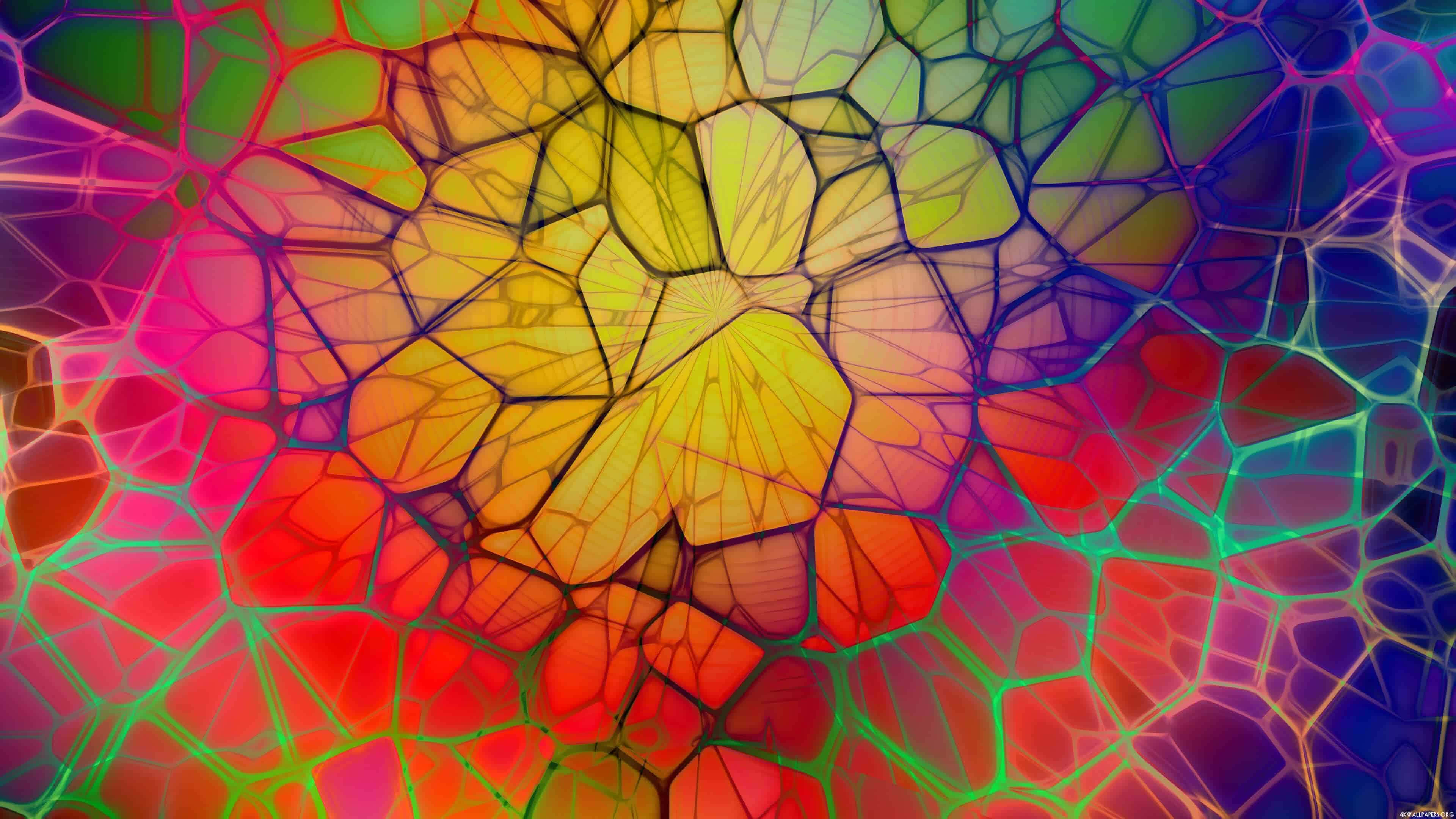 Colorful Abstract Art 桌布 壁紙 — 充滿活力的抽象圖案，由色彩繽紛的碎玻璃組成，帶有發光邊緣和徑向對稱性。