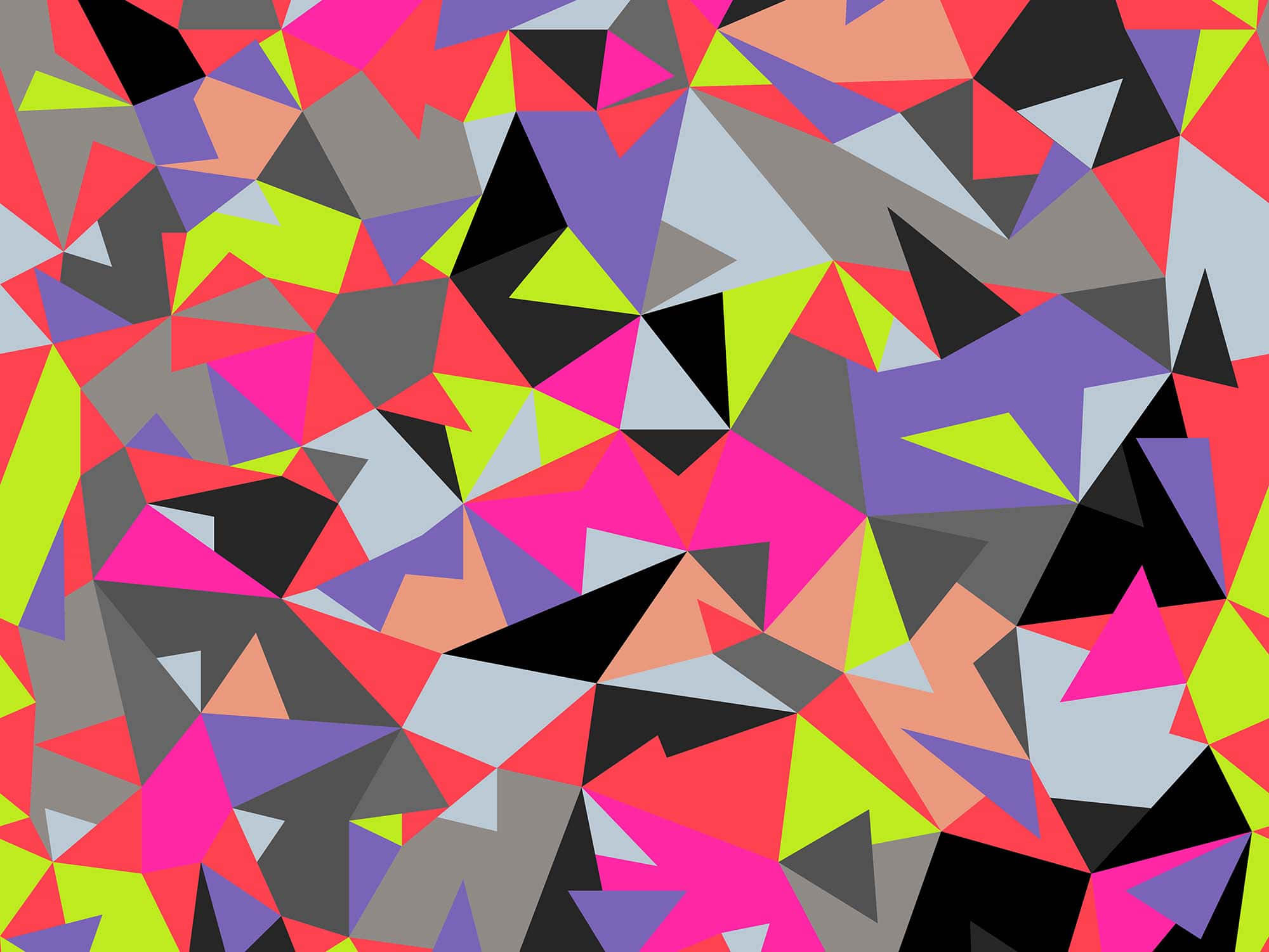Geometric Pattern 桌布 壁紙 — 充滿活力的抽象圖案，由重疊的三角形組成，顏色包括螢光粉紅、萊姆綠、紫色和灰色。
