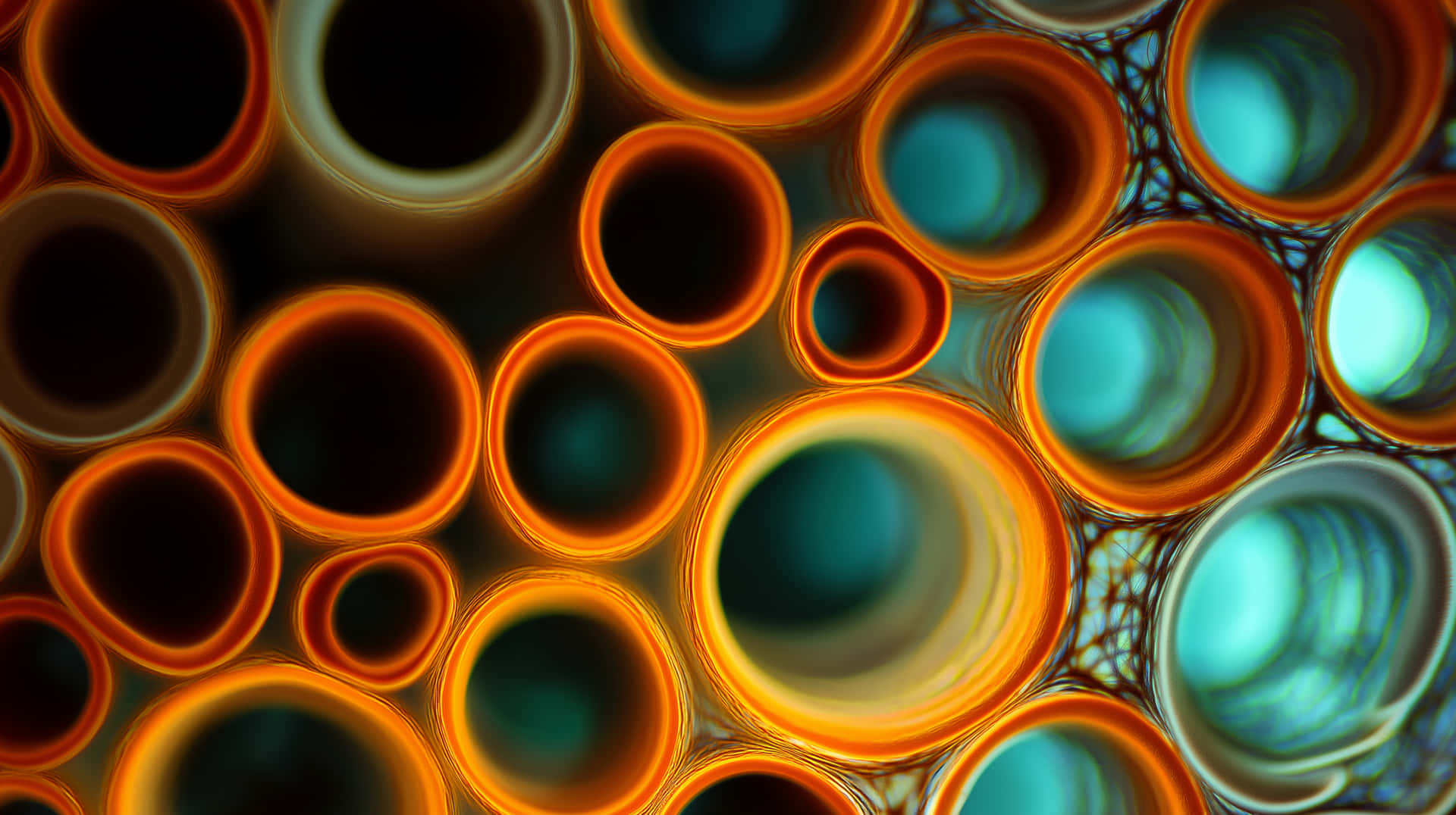 Microscopic View of Interconnected Biological Forms, Abstract Science 壁紙 — 充滿活力的抽象圖案，由重疊的發光橙色和藍綠色圓形管組成，中心為深色。