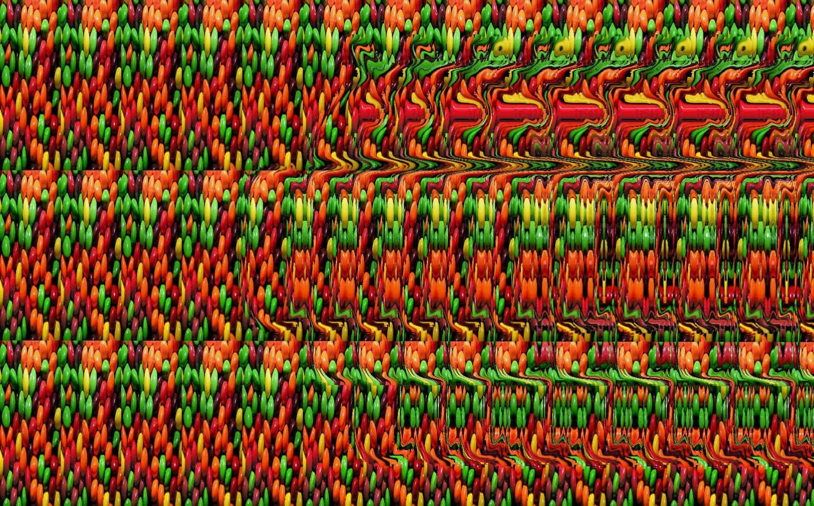 抽象 桌布 壁紙 — 充滿活力的抽象圖案，由重複的橙色、綠色和黃色形狀組成，帶有波浪鏡像扭曲效果。