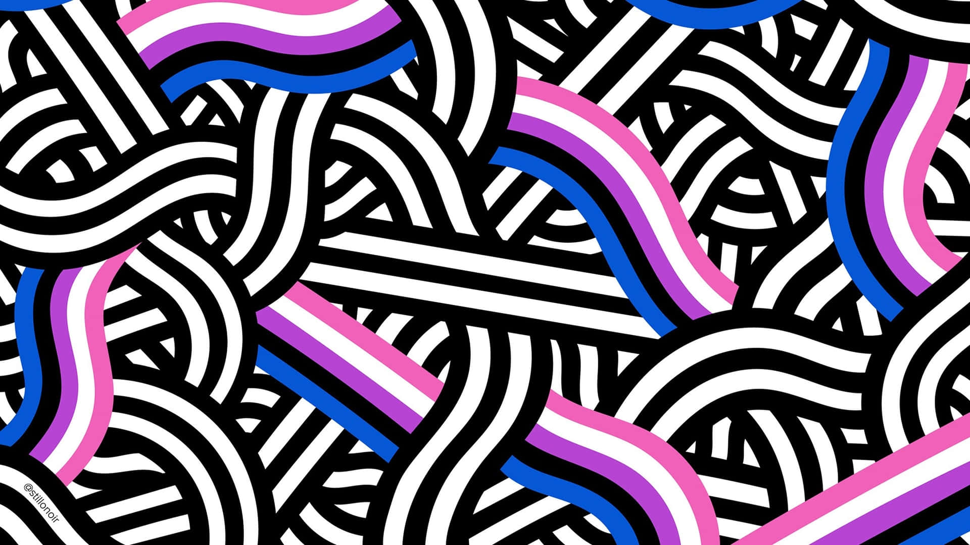 Pride Zoom 桌布 壁紙 — 充滿活力的抽象圖案，由黑色、白色、粉紅色和藍色的波浪條紋交織而成，形成動態幾何設計。