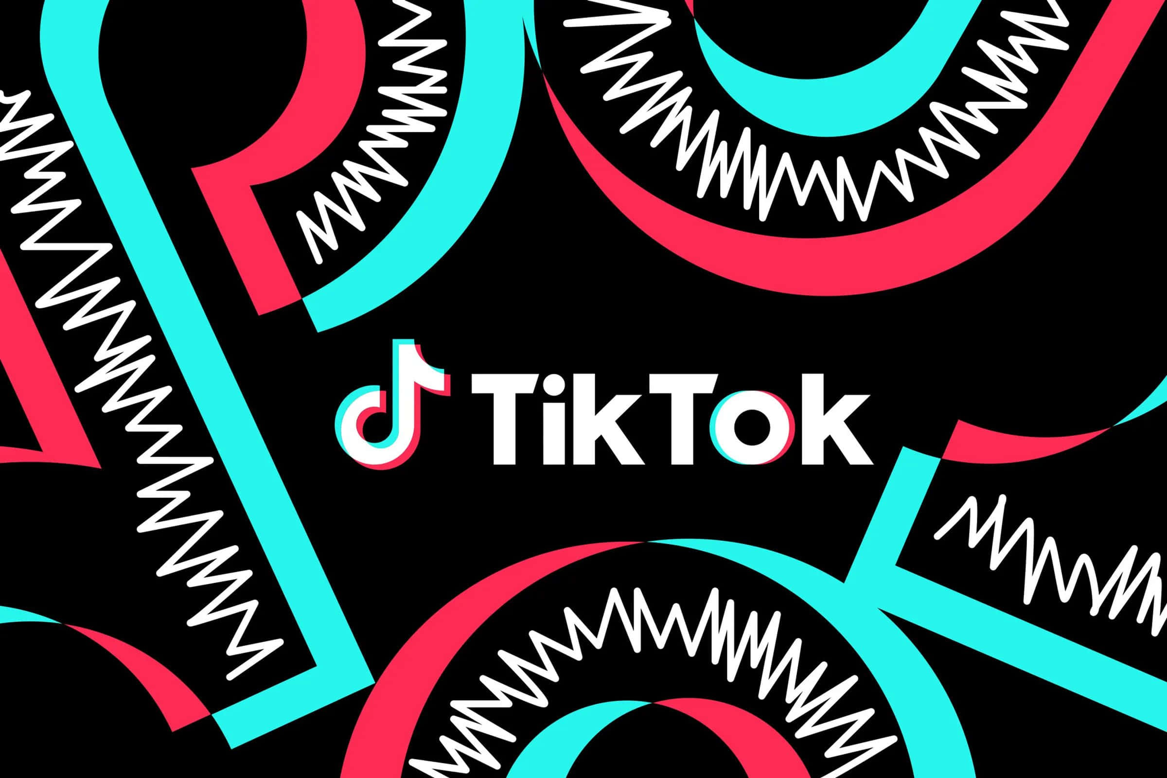 TikTok 動圖 桌布 壁紙 — 充滿活力的抽象圖案，黑色背景上帶有醒目的粉紅色和青色鋸齒形狀，並帶有TikTok標誌。