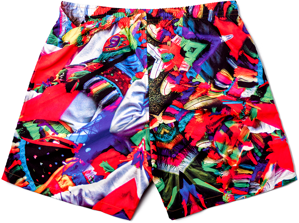 Clothes 桌布 壁紙 — 充滿活力的抽象圖案短褲，大膽的紅色、藍色和綠色，呈現混亂多彩的設計。