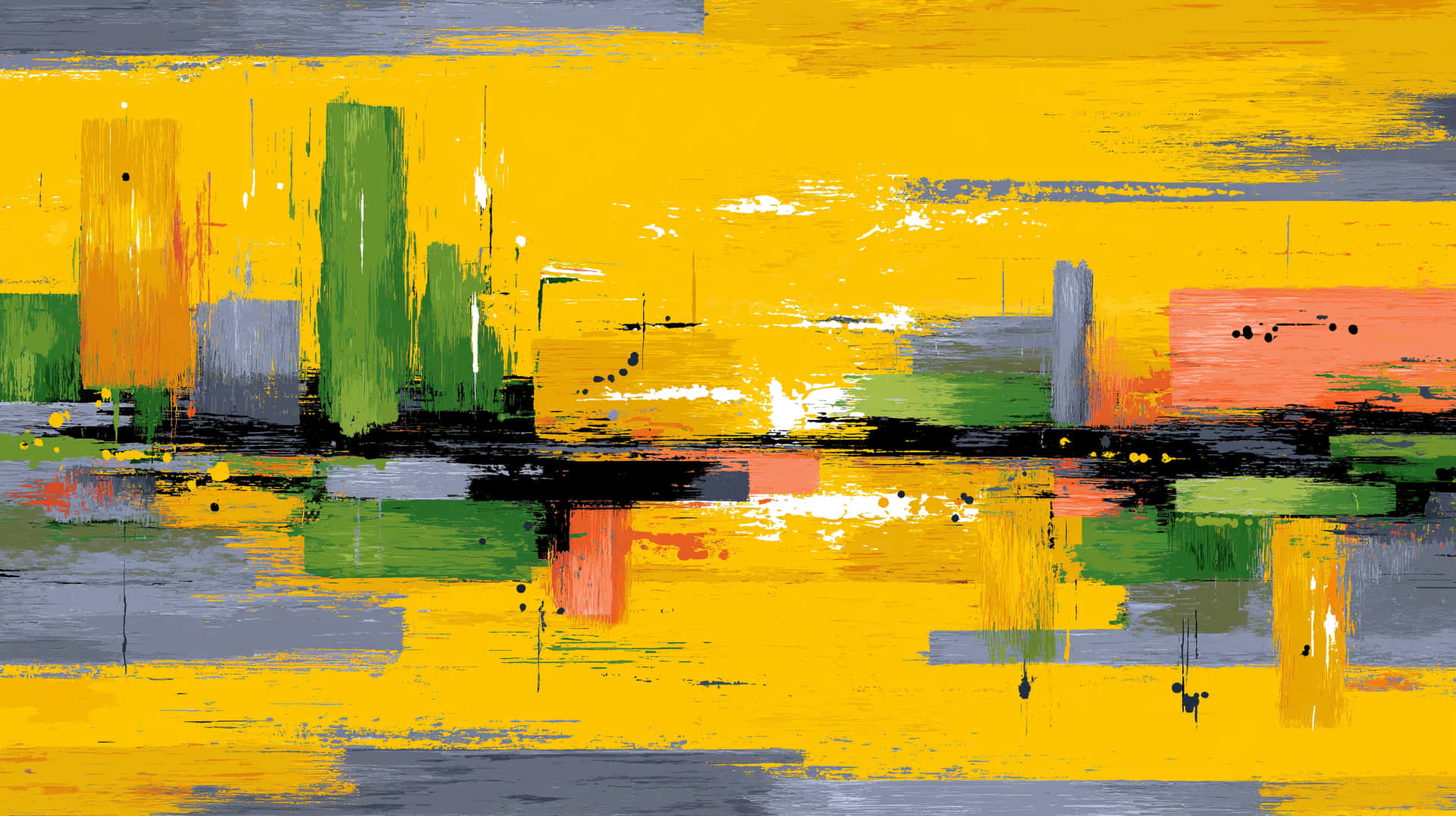 Abstract Painting with Bold Strokes and Geometric Shapes 壁紙 — 充滿活力的抽象城市景觀，大膽的黃色、綠色和灰色筆觸在水中倒映。