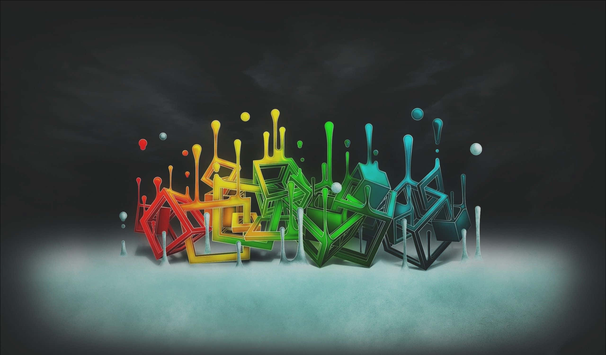 Gambar 桌布 壁紙 — 充滿活力的抽象塗鴉字母，以紅、黃、綠、藍色呈現，在黑暗背景上帶有發光高光。