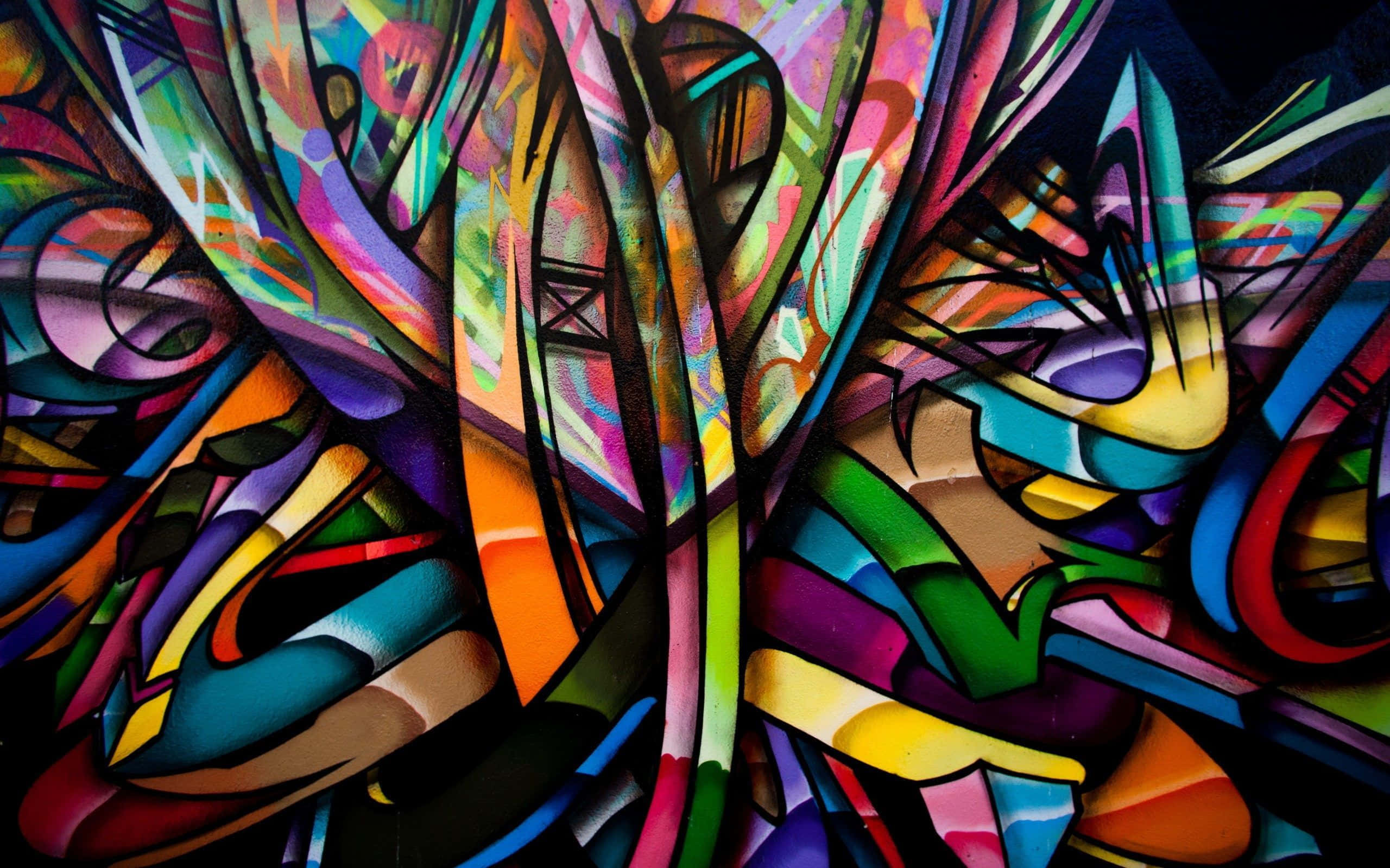 Paint Colour 桌布 壁紙 — 充滿活力的抽象塗鴉藝術在黑暗背景上迸發出旋轉的霓虹色彩。