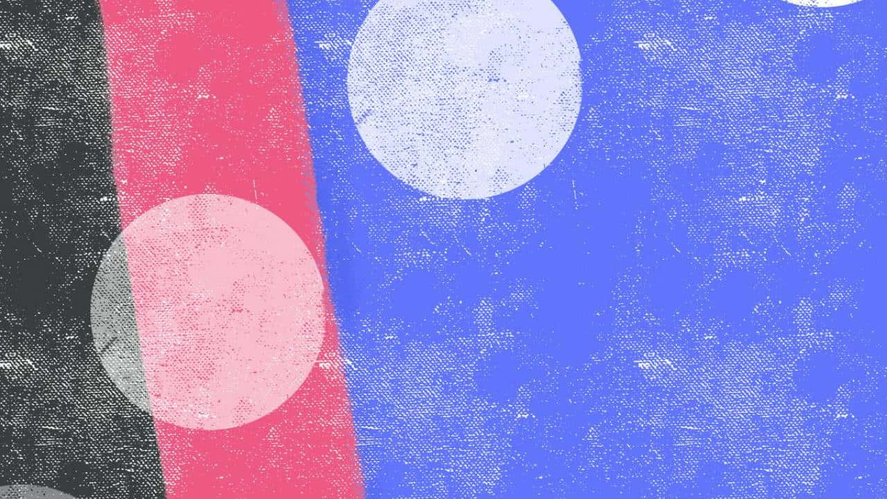 1280x720 桌布 壁紙 — 充滿活力的抽象壁紙，具有大膽的粉紅色、藍色和黑色部分，並帶有紋理的白色圓圈。