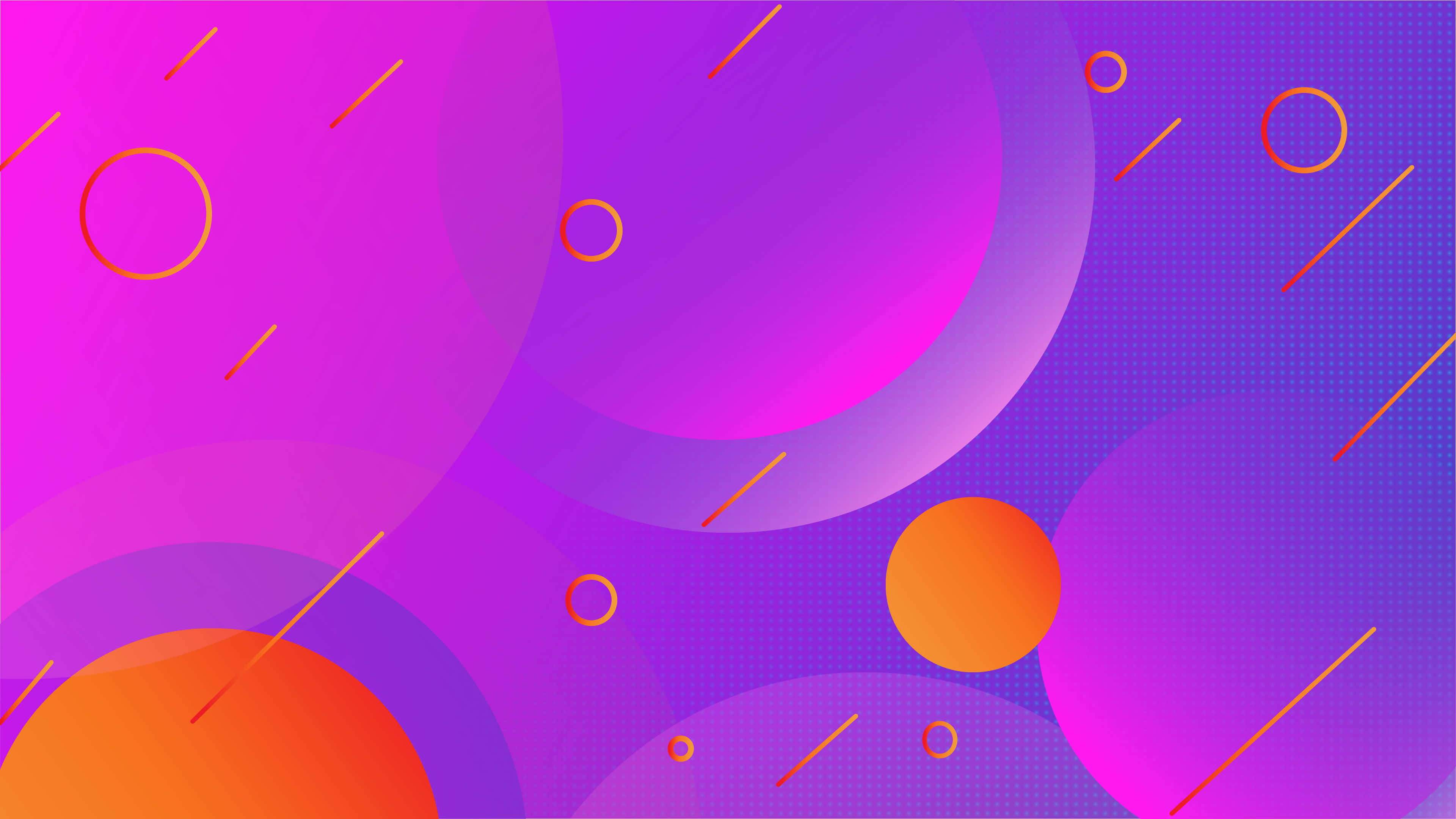vector 桌布 壁紙 — 充滿活力的抽象壁紙，在漸變背景上重疊紫色和橙色的圓圈和條紋。