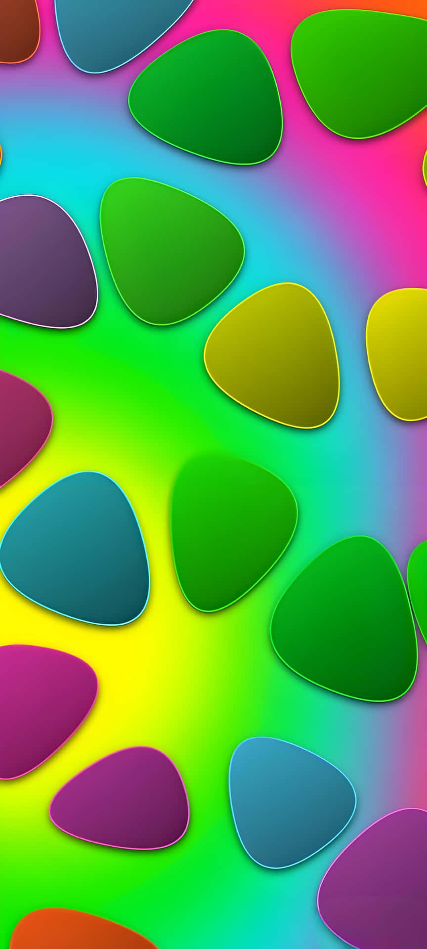 Colorful Triangle Charm: Lively Modern Abstract Wallpaper 壁紙 — 充滿活力的抽象壁紙，帶有光澤的三角形形狀漂浮在彩虹漸變背景上。