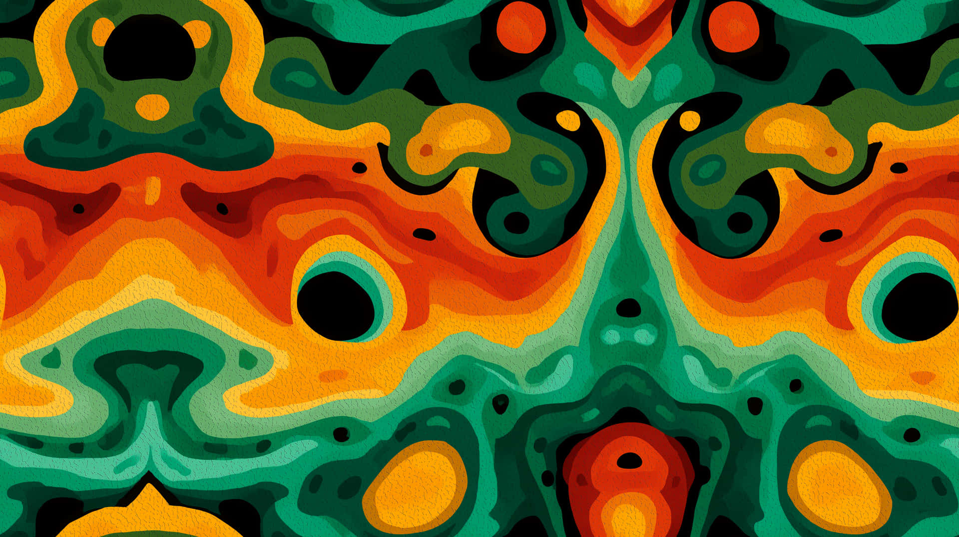 Psychedelic Abstract Flowing Shapes Pattern Seamless 壁紙 — 充滿活力的抽象壁紙，帶有對稱的迷幻圖案，採用火橙色、藍綠色和黑色。