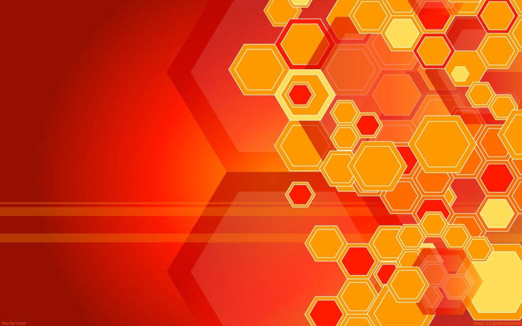 material desktop 桌布 壁紙 — 充滿活力的抽象壁紙，帶有層疊的六邊形，以火紅和橙色在漸變背景上對角流動。
