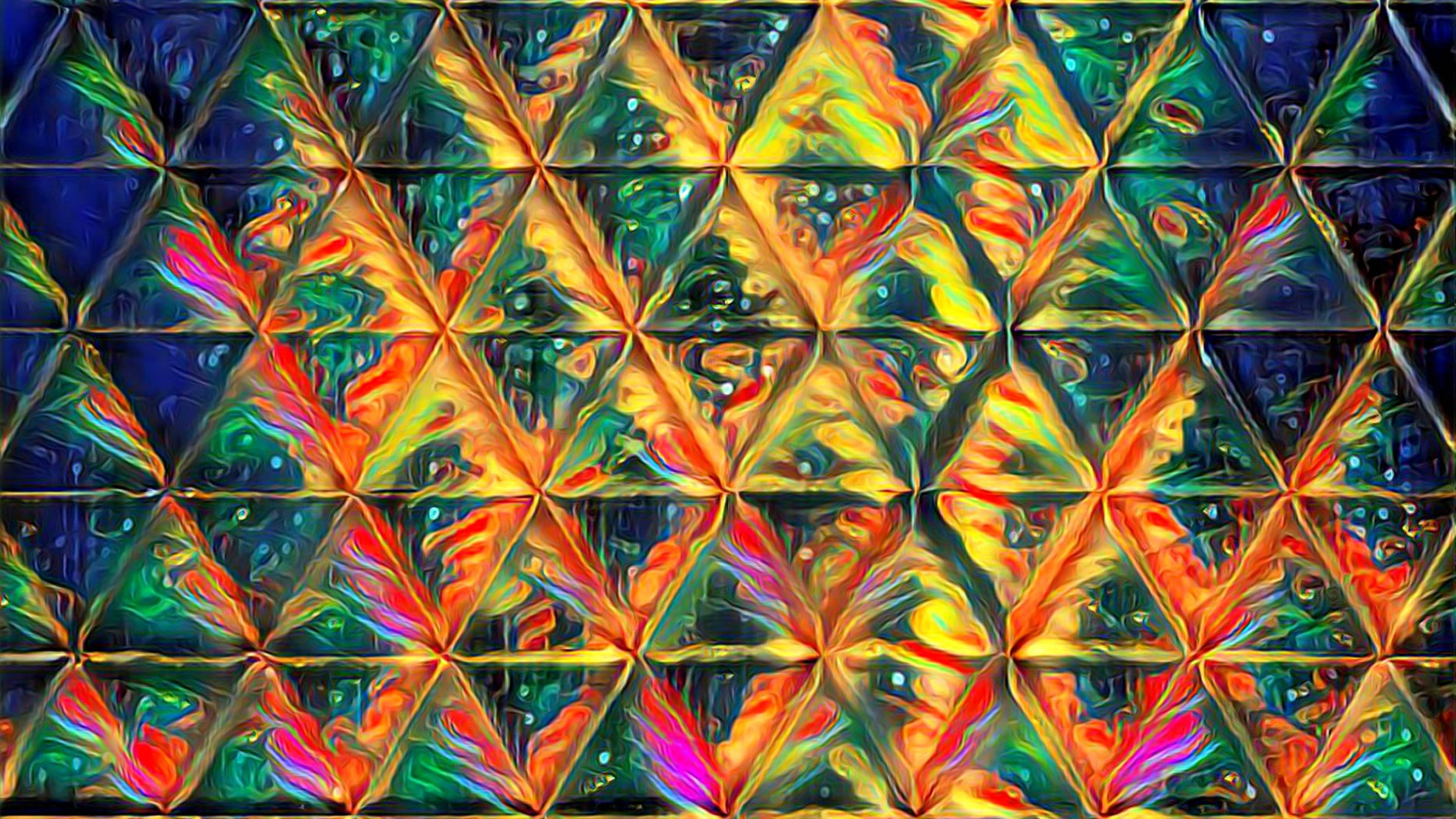 全息 桌布 壁紙 — 充滿活力的抽象壁紙，帶有發光的三角形細胞，像熔化的玻璃一樣以霓虹色旋轉。