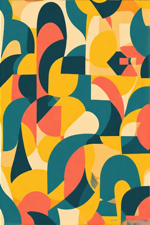 Geometric Pattern in Mustard Yellow, Teal, and Coral 壁紙 — 充滿活力的抽象壁紙，帶有青綠色、黃色、珊瑚色和奶油色的醒目重疊有機形狀。