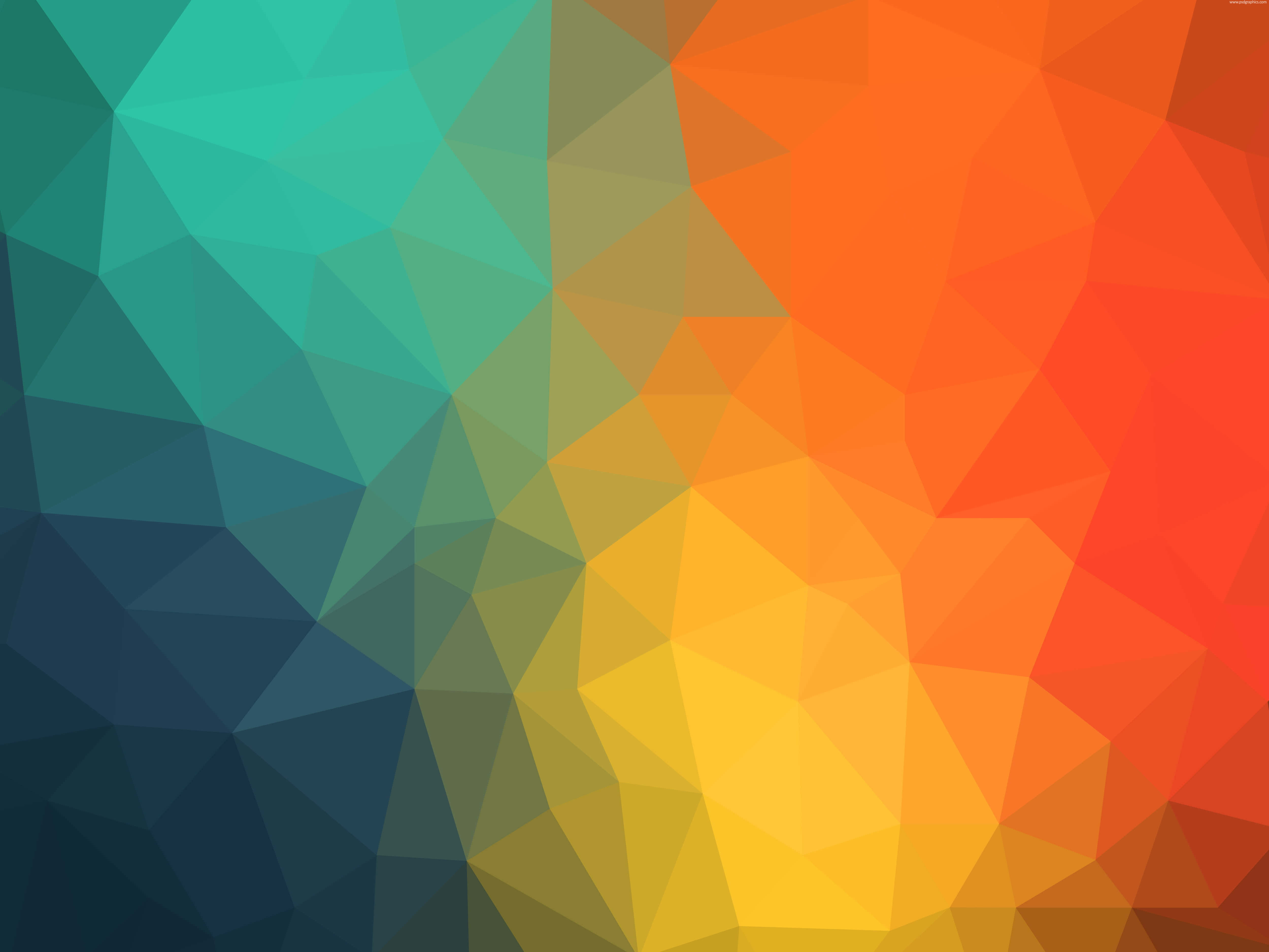 Colorful Abstract Art 桌布 壁紙 — 充滿活力的抽象壁紙，幾何多邊形形狀從藍綠色過渡到橙色。
