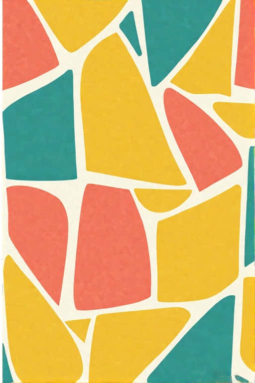 Geometric Pattern in Mustard Yellow, Teal, and Coral 壁紙 — 充滿活力的抽象壁紙，採用大膽的珊瑚黃、藍綠色和奶油色幾何碎片，形成馬賽克圖案。