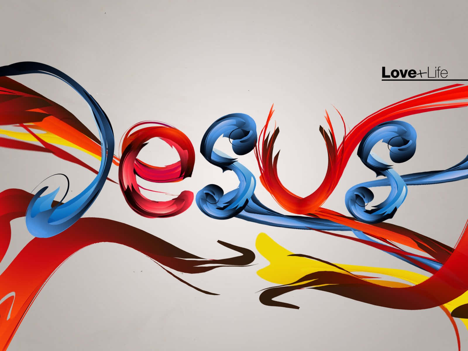 Jesus Name 桌布 壁紙 — 充滿活力的抽象字體以旋轉的紅色、藍色和黃色筆觸在灰色中性背景上拼出「耶穌」。