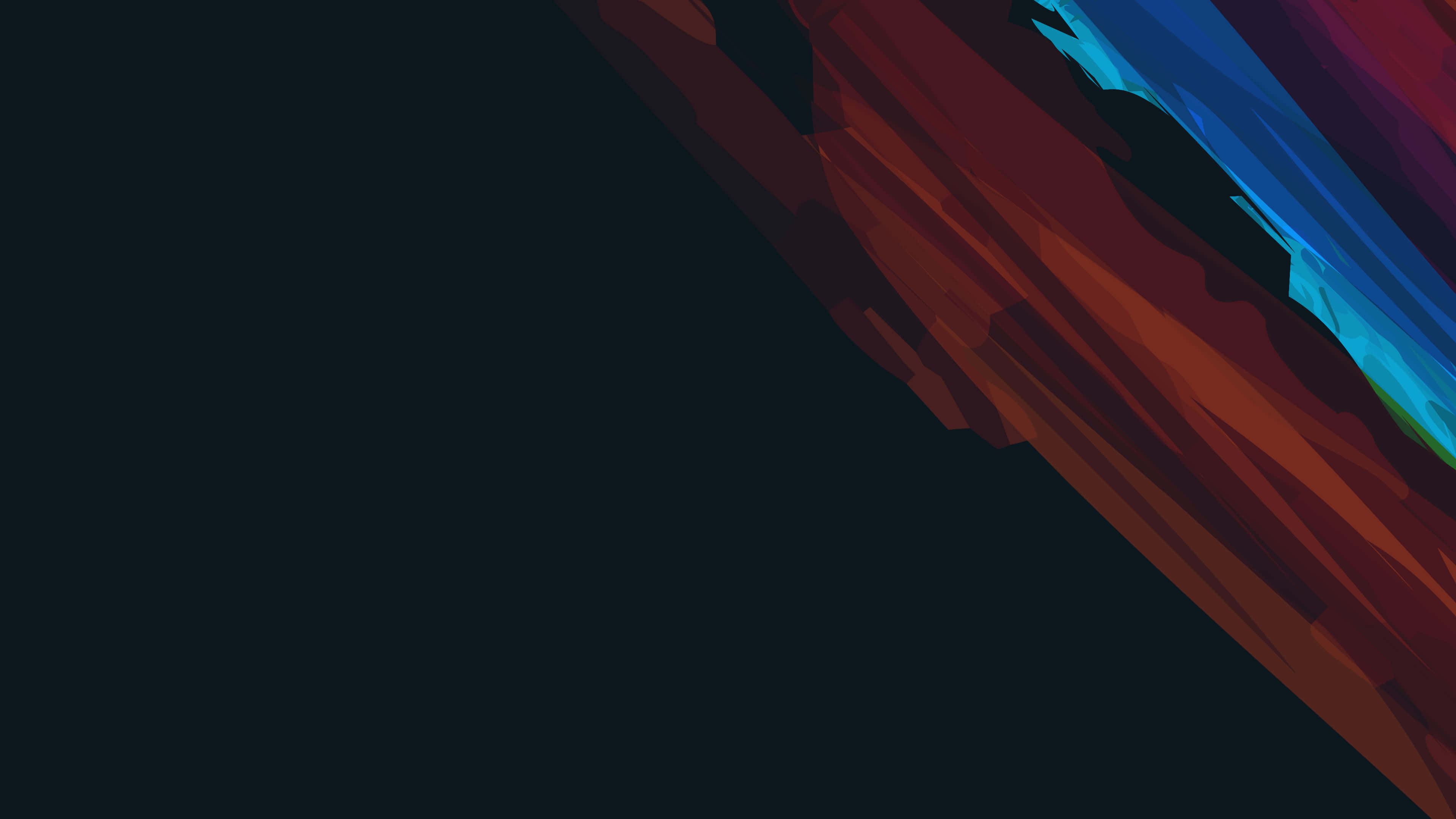 Minimalist Abstract 桌布 壁紙 — 充滿活力的抽象對角線條，紅色、藍色和藍綠色從黑暗中迸發，構成大膽的數位藝術作品。