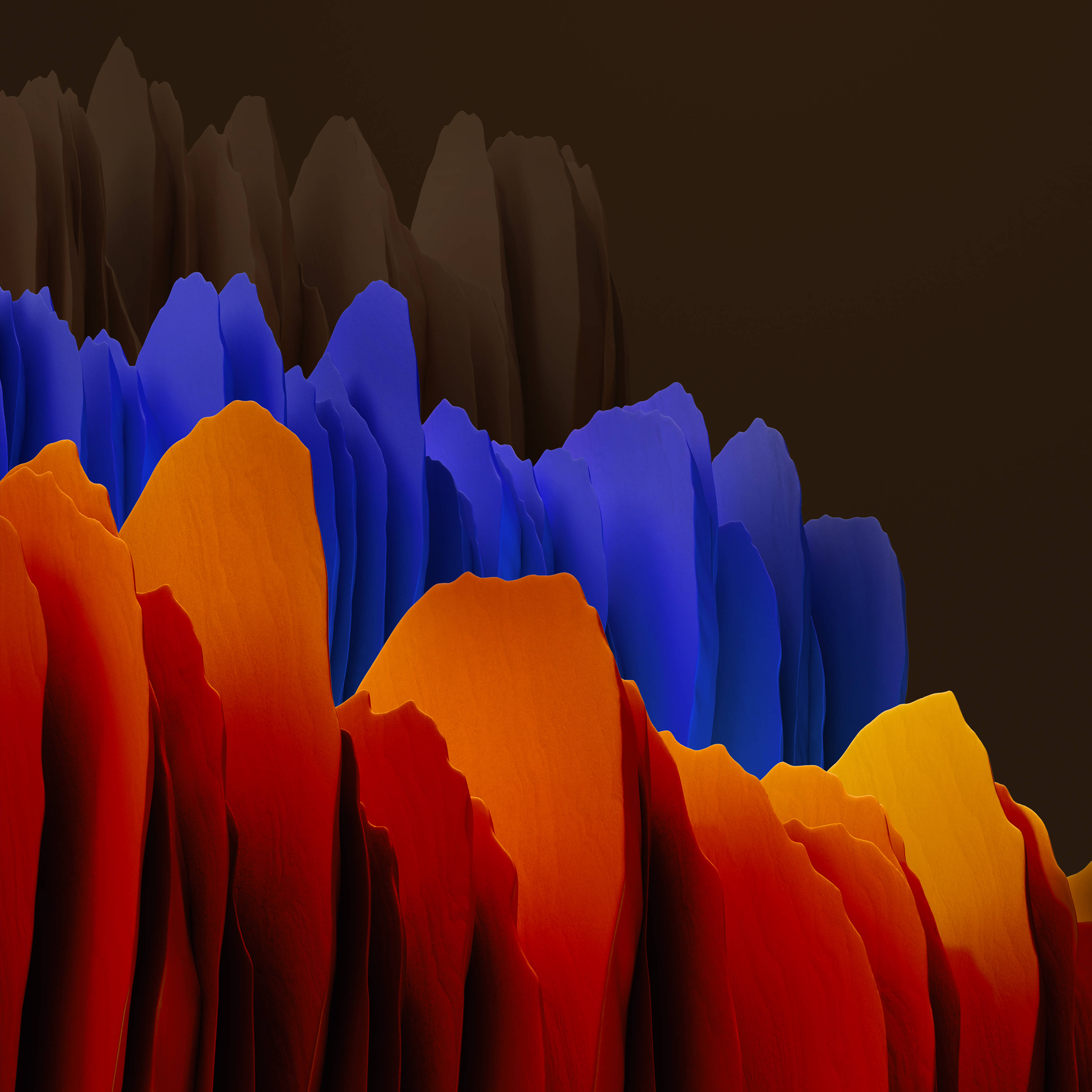 Paint Art 桌布 壁紙 — 充滿活力的抽象山峰，以火橙色和電光藍色在深棕色背景上柔和燈光下升起。