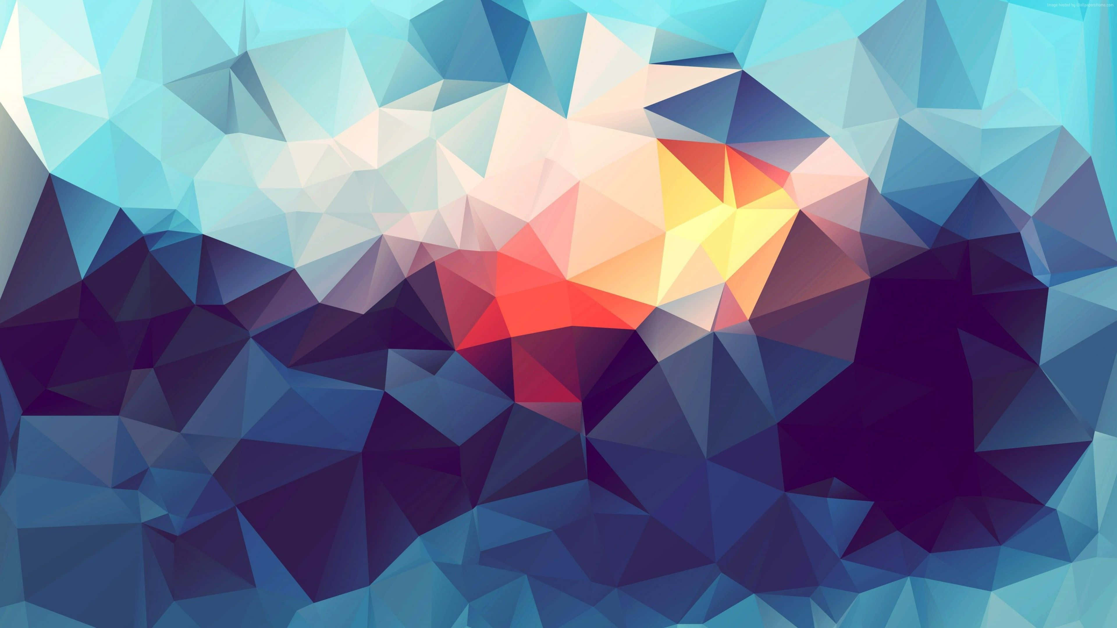 Abstraction 桌布 壁紙 — 充滿活力的抽象幾何圖案，以藍色、紫色和橙色的多邊形形狀形成發光的太陽爆發效果。