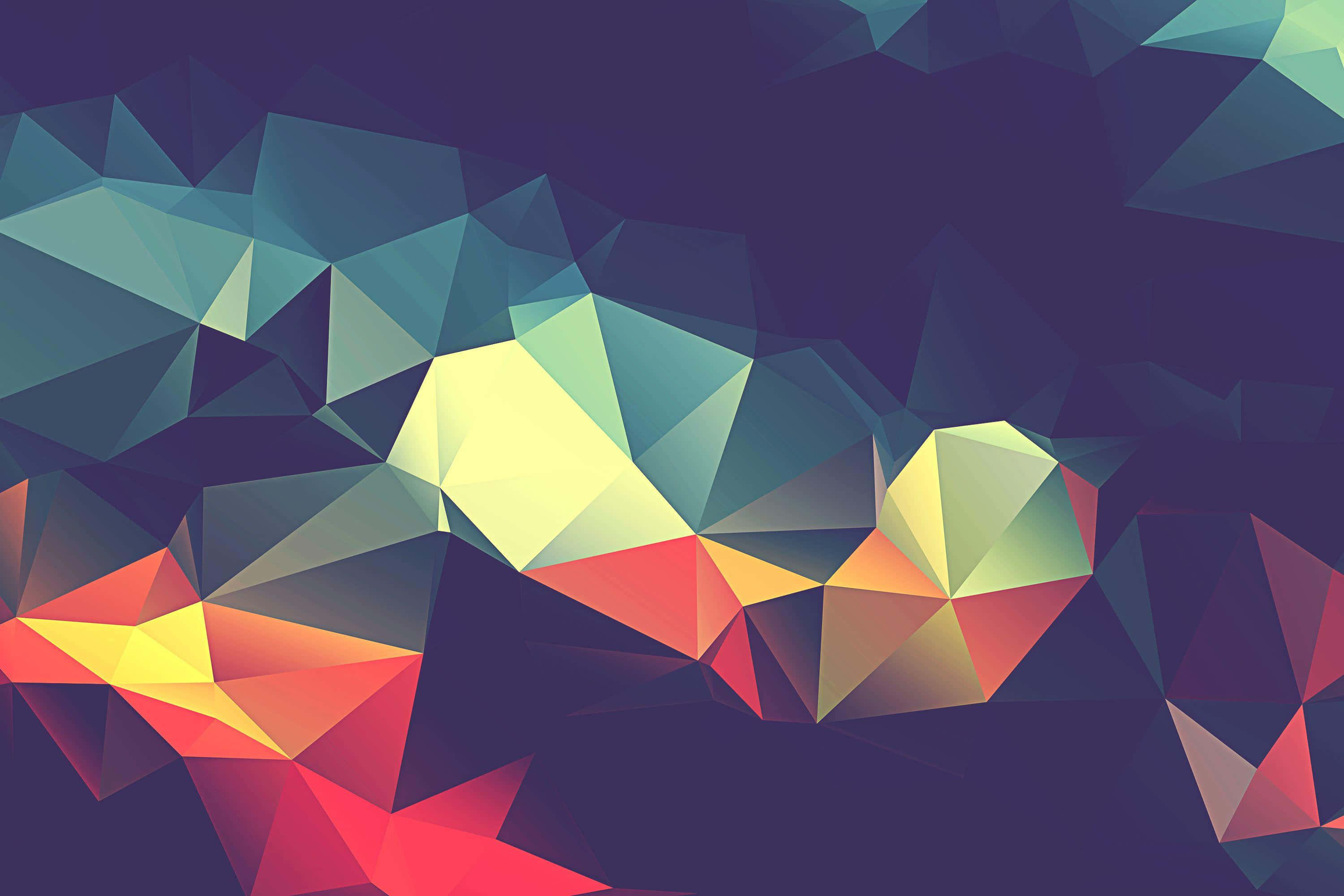Polygon 桌布 壁紙 — 充滿活力的抽象幾何圖案，在深紫色背景上呈現青綠色、黃色和紅色的發光多邊形形狀。