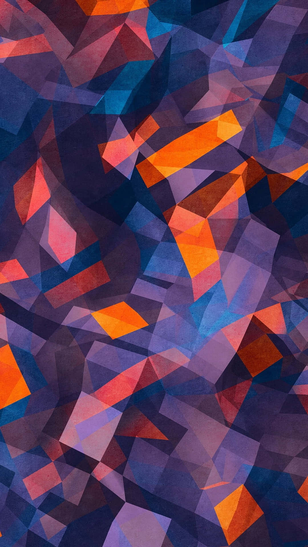Geometric iPhone 桌布 壁紙 — 充滿活力的抽象幾何圖案，帶有鋸齒狀多邊形形狀，呈現火熱橙色和深藍紫色調。