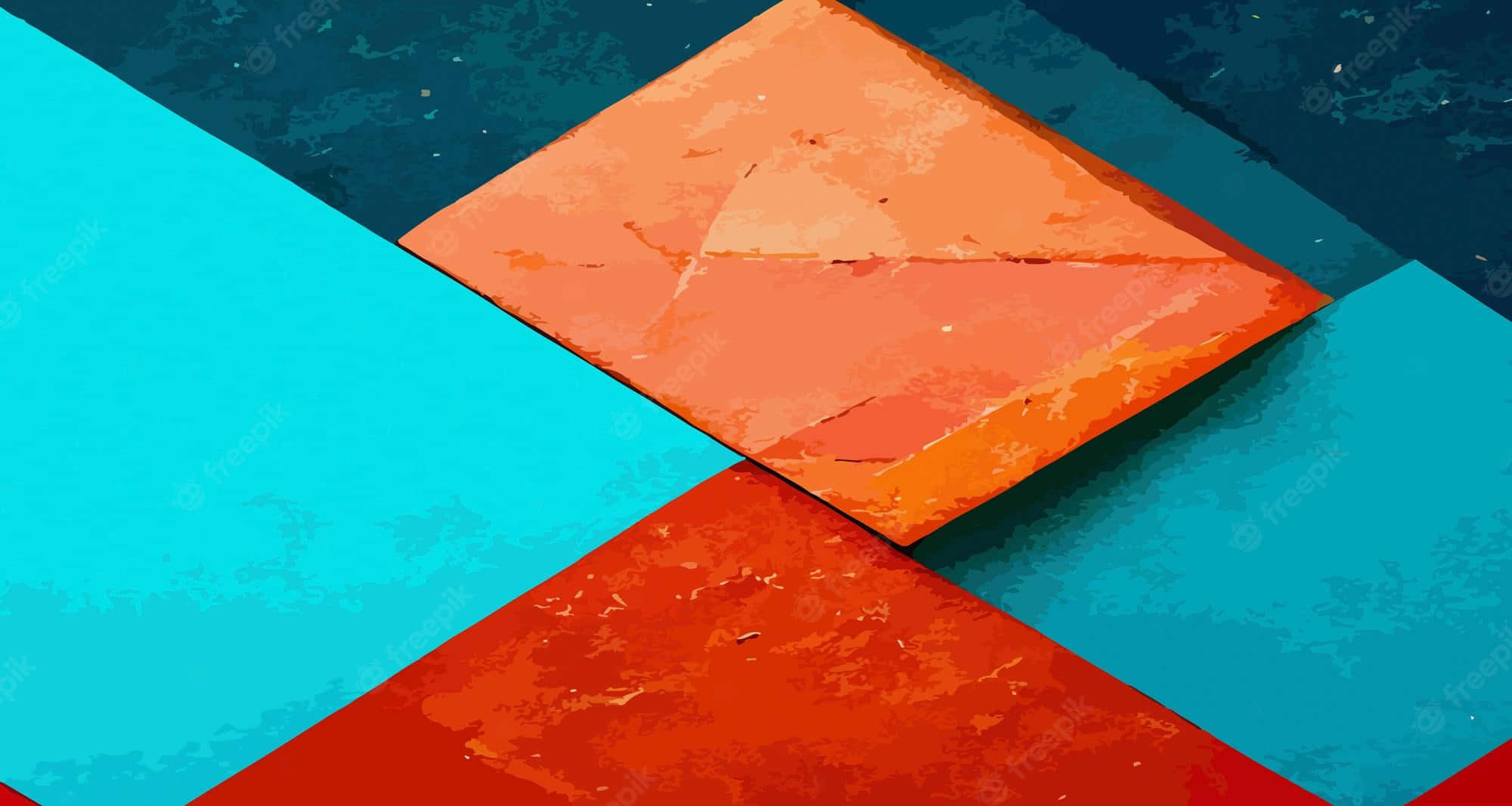 Geometric Shapes 桌布 壁紙 — 充滿活力的抽象幾何壁紙，採用大膽的橙紅色和藍綠色鑽石形狀，具有紋理磨損表面。