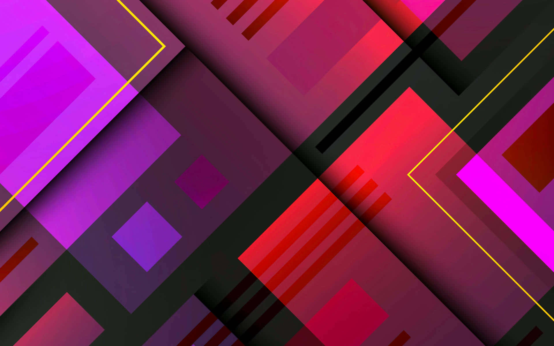 Material Design 桌布 壁紙 — 充滿活力的抽象幾何形狀，以洋紅色、紅色和紫色為主，搭配大膽的黃色線條，營造出動態的數位構圖。