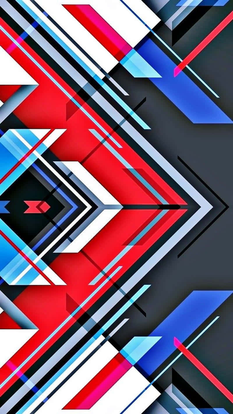 Geometric iPhone 桌布 壁紙 — 充滿活力的抽象幾何形狀，以紅色、藍色和白色在深色背景上對角延伸。