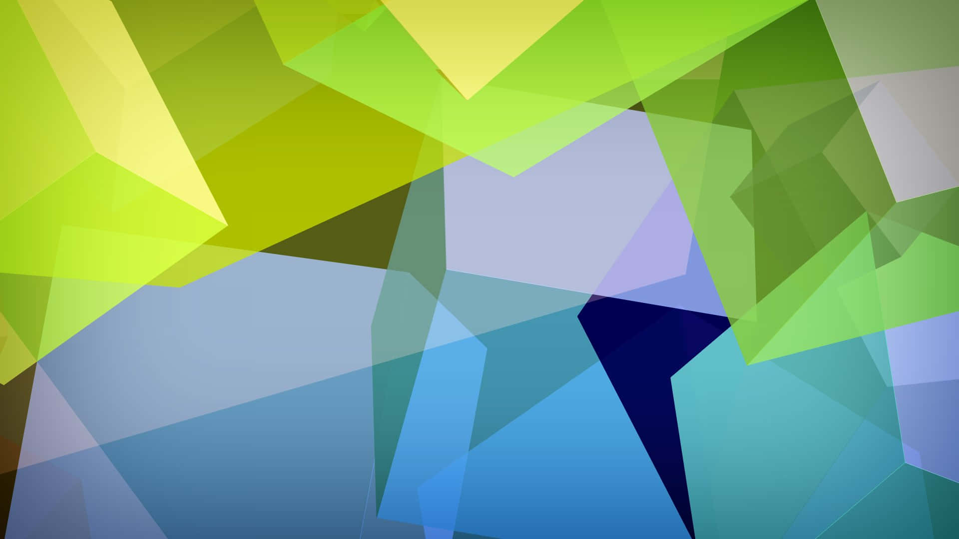 Shapes 桌布 壁紙 — 充滿活力的抽象幾何形狀，以綠色、藍色和黃色創造出動態的低多邊形數位藝術構圖。