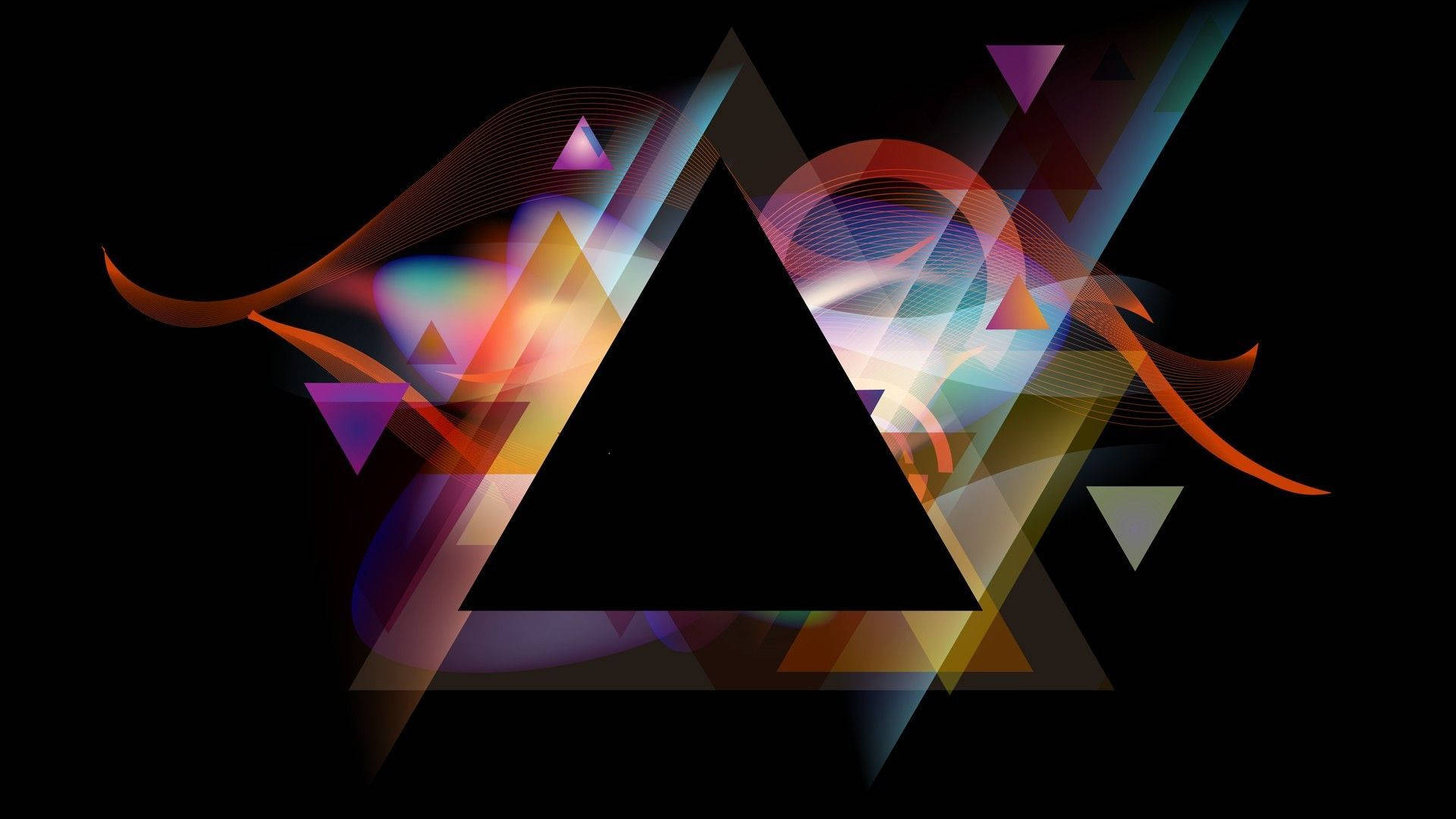 illuminati 桌布 壁紙 — 充滿活力的抽象幾何形狀在深色背景上圍繞中央黑色三角形旋轉。
