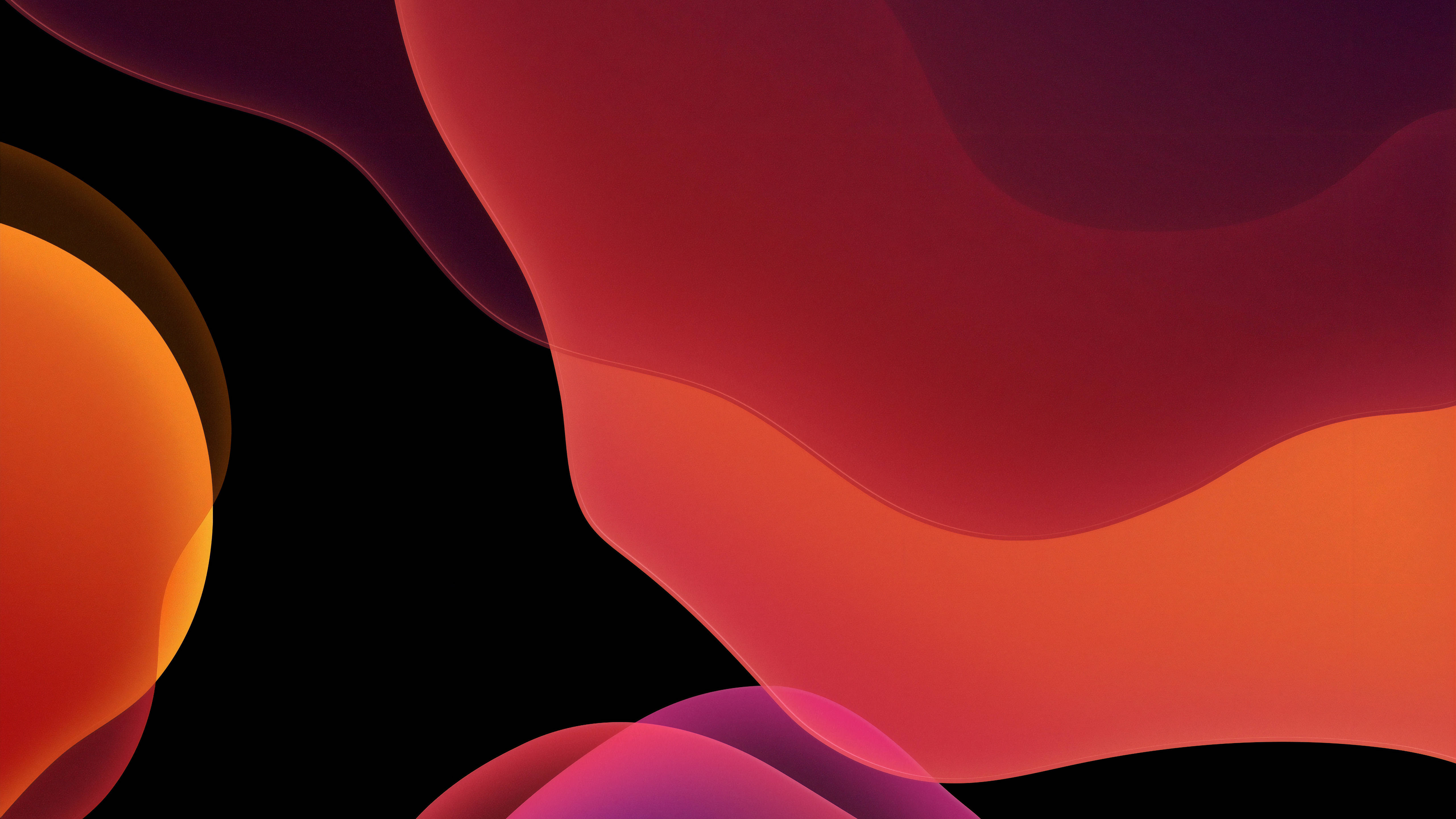 Pink iPhone Xr 桌布 壁紙 — 充滿活力的抽象形狀，以火橙色和深紅色在純黑背景上優雅流動。
