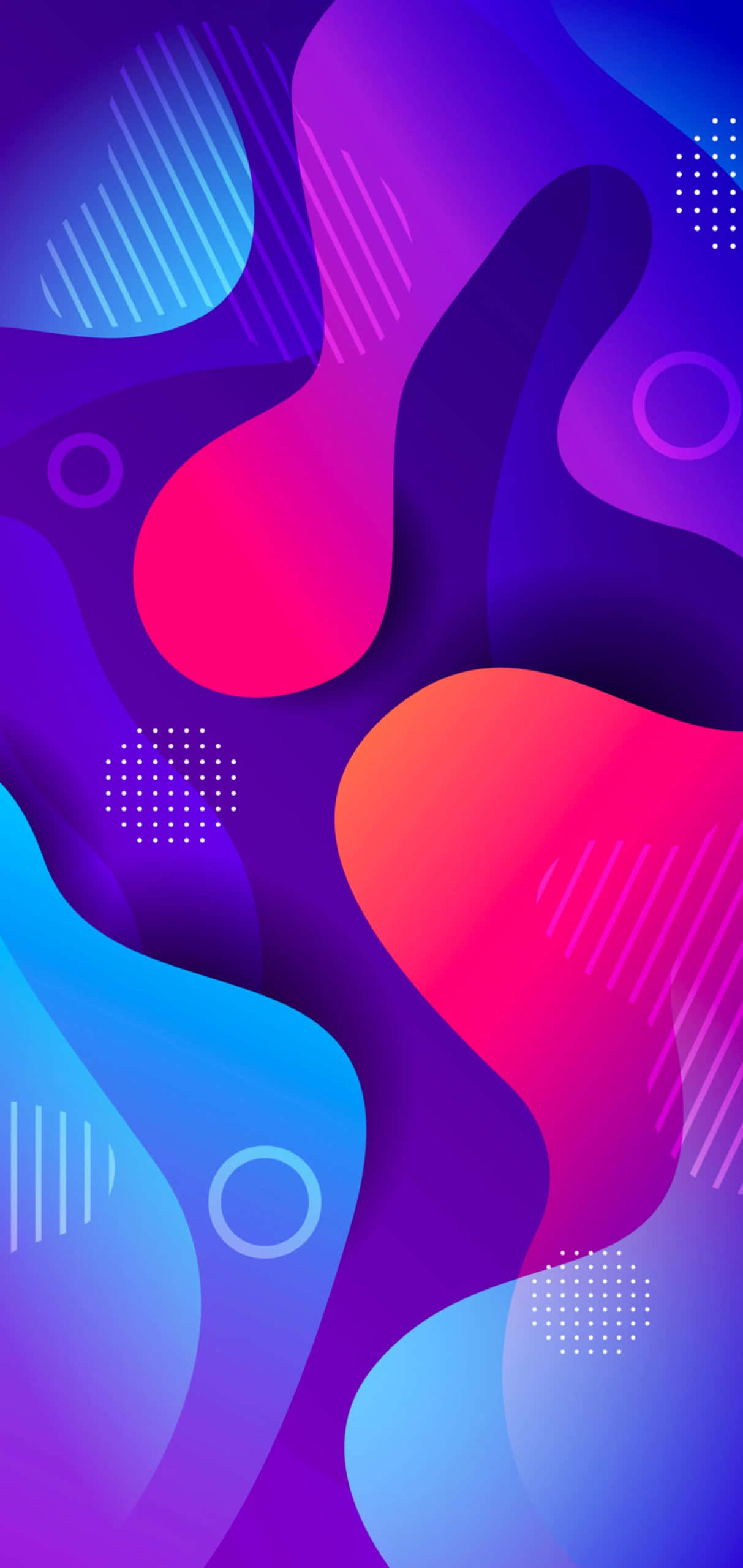 Colorful iPhone 桌布 壁紙 — 充滿活力的抽象形狀，以電光粉紅、藍色和紫色動態流動，並帶有幾何點綴。