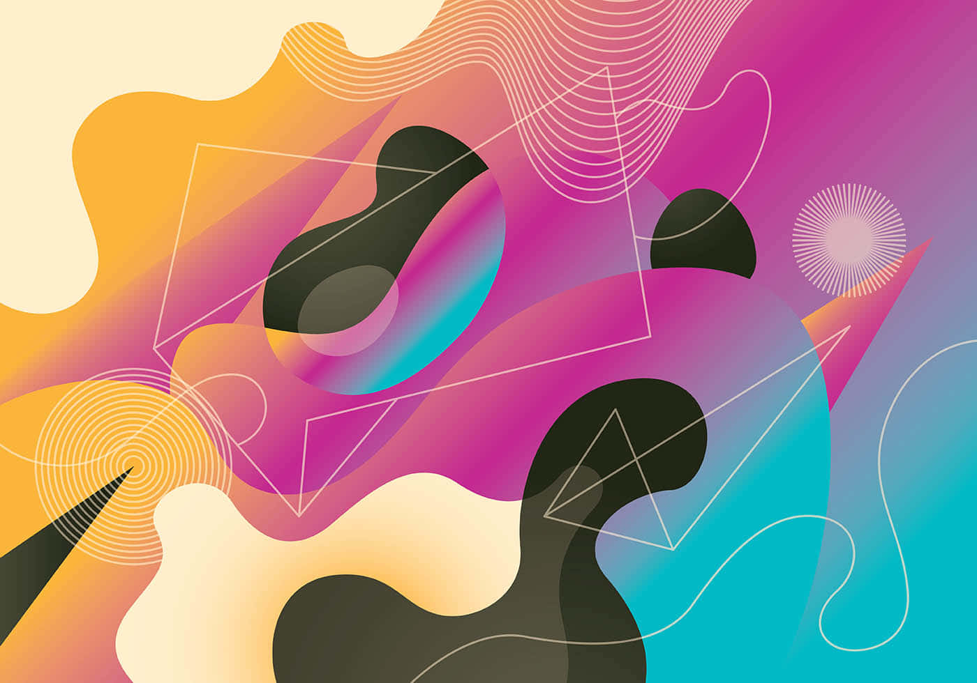vector 桌布 壁紙 — 充滿活力的抽象形狀，採用粉紅色、黃色和藍綠色的流動漸變，帶有幾何輪廓和圓形圖案。