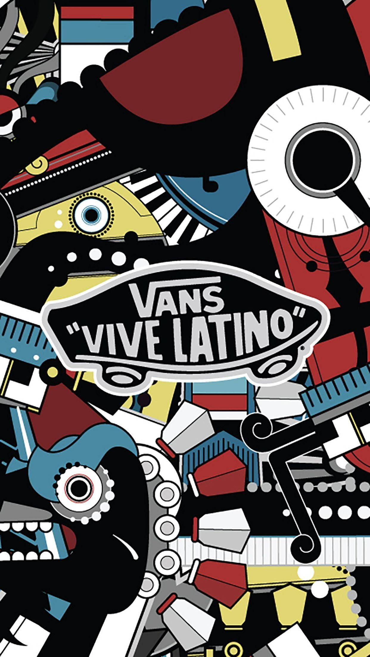 Vans Logo 桌布 壁紙 — 充滿活力的抽象拼貼畫，以鮮明的幾何形狀和機械元素圍繞中央的Vans Vive Latino標誌。