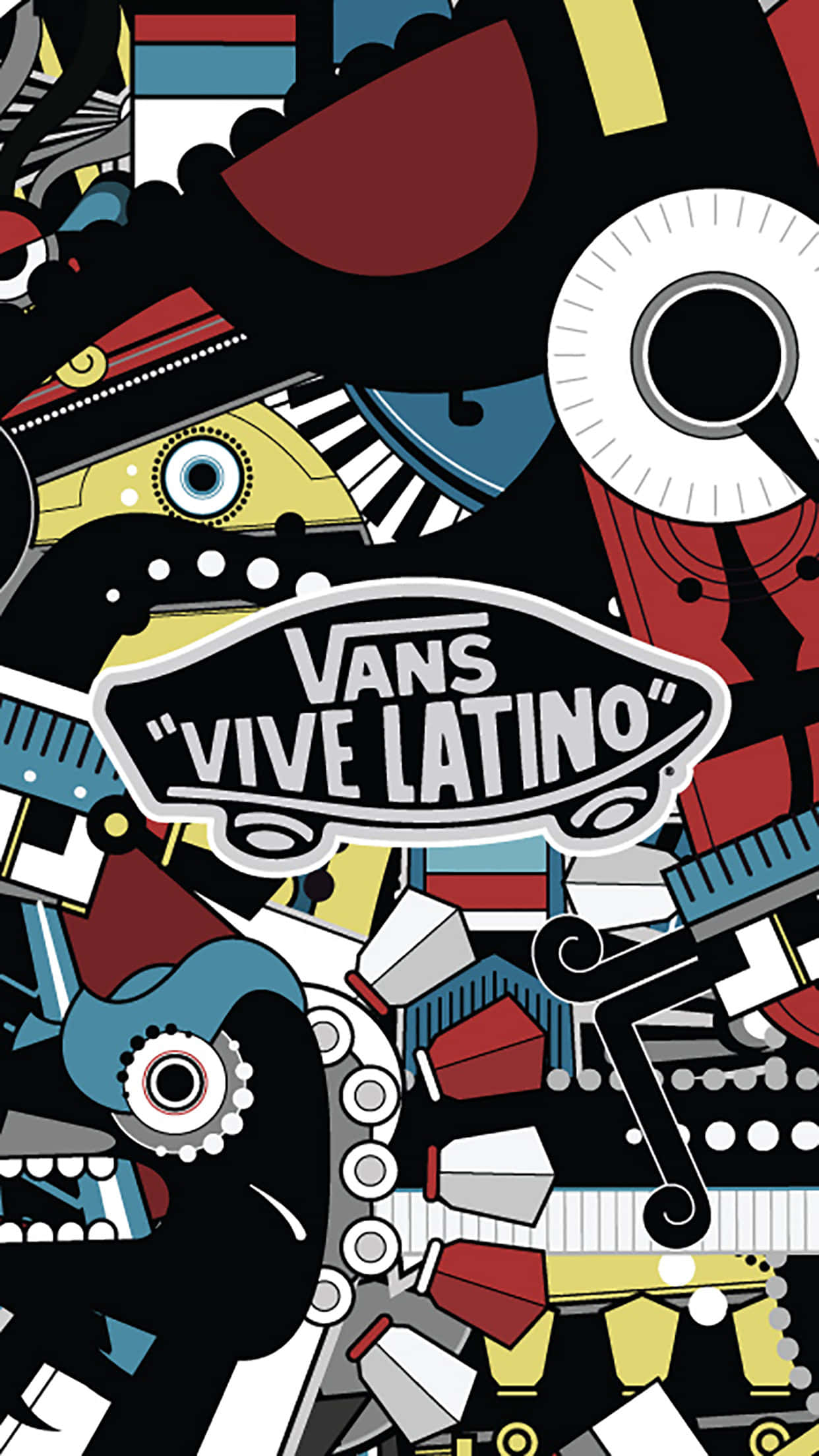 Vans 桌布 壁紙 — 充滿活力的抽象拼貼畫，包含幾何形狀和機械元素，中央有 Vans Vive Latino 標誌。