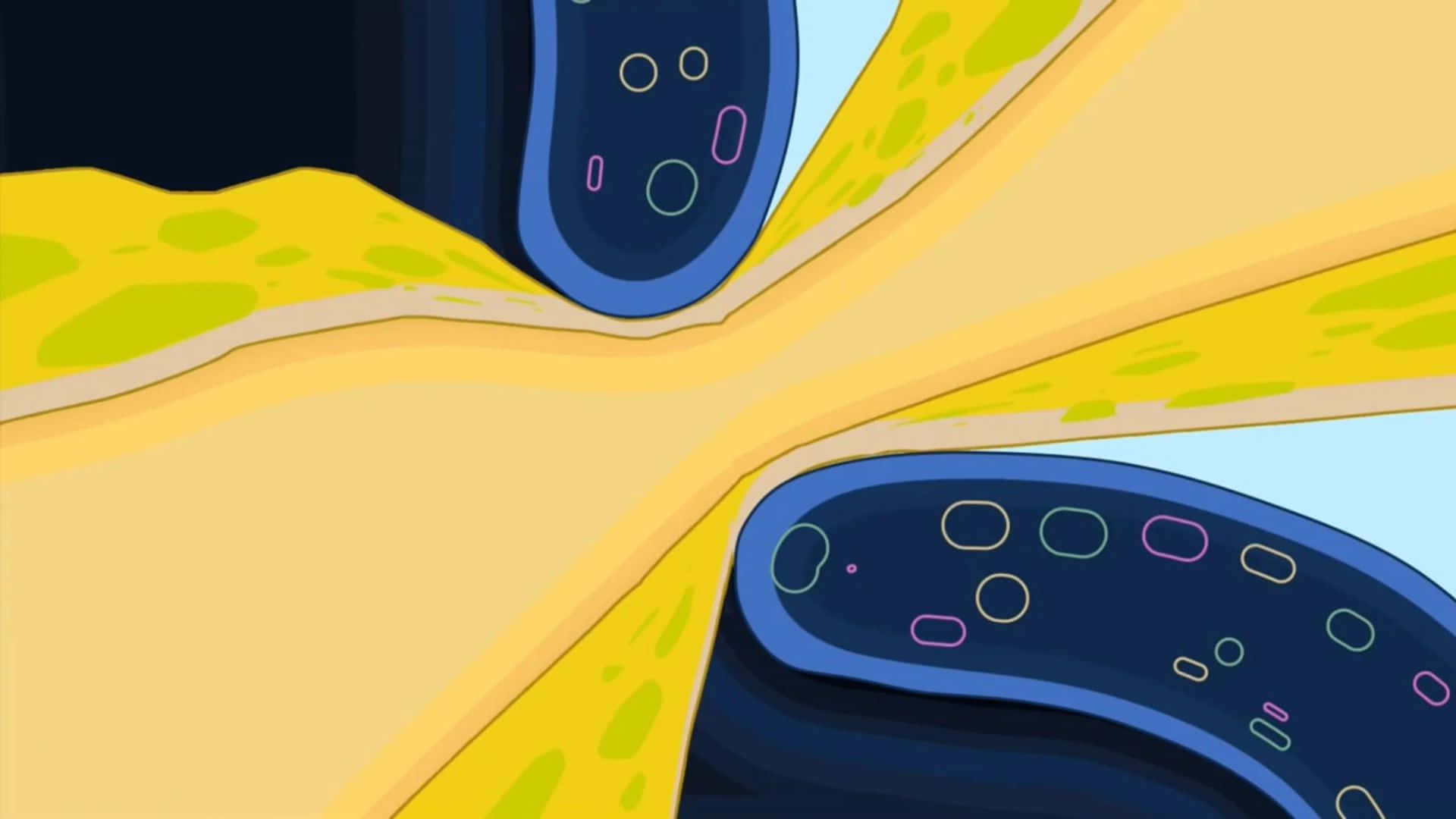 Bfdi 桌布 壁紙 — 充滿活力的抽象插圖，呈現流動的黃色和藍色形狀，搭配色彩繽紛的輪廓圓圈。