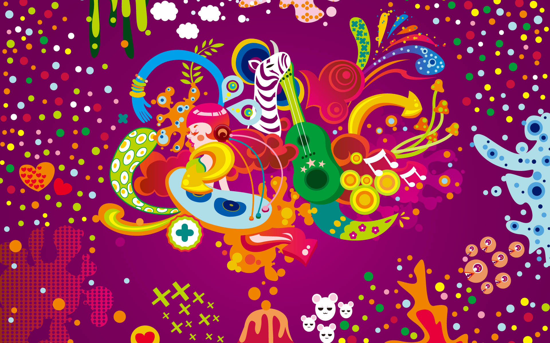 Chicano 桌布 壁紙 — 充滿活力的抽象插圖，在洋紅色背景上迸發出色彩繽紛的音樂符號、動物和俏皮的形狀。