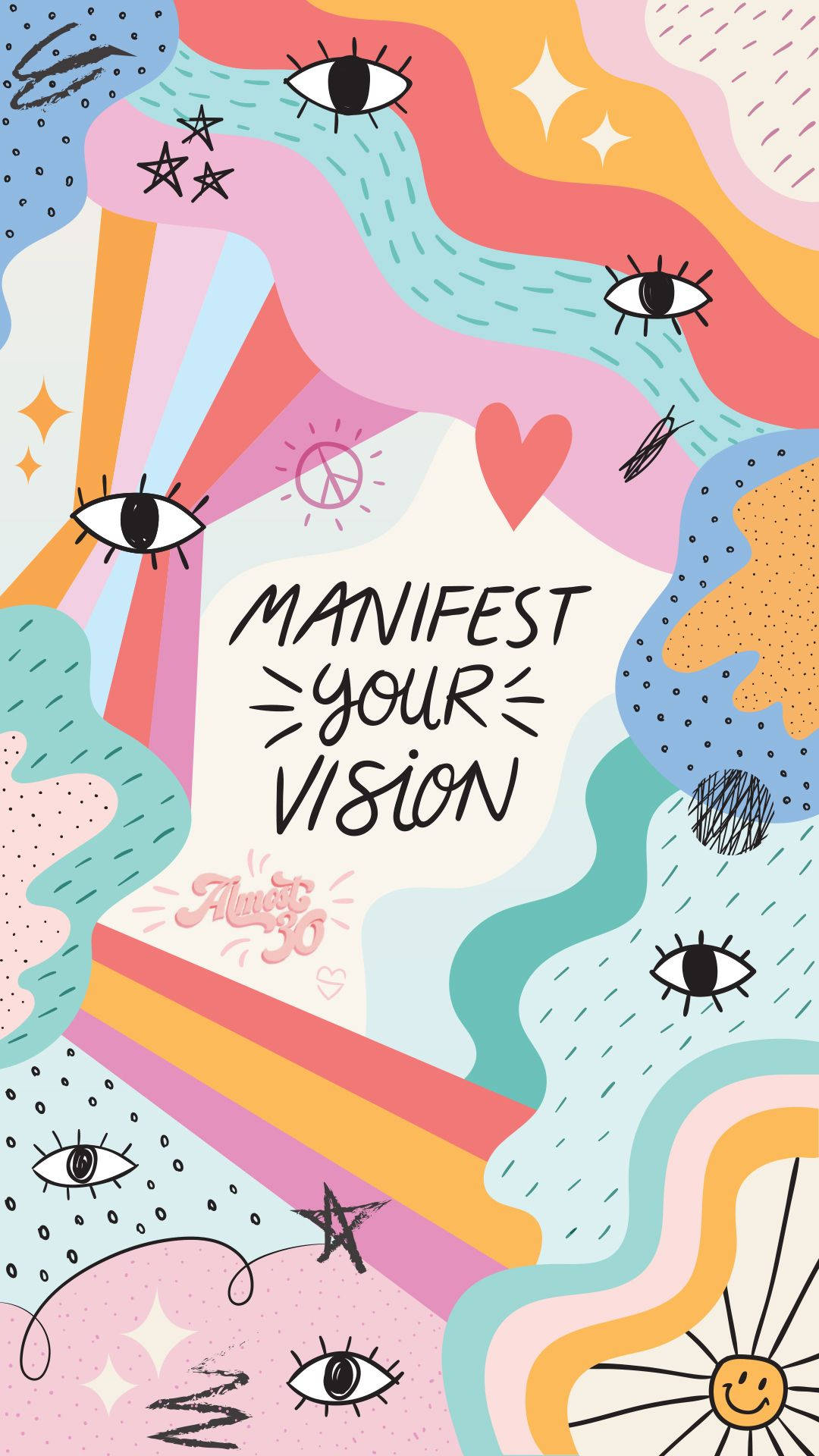 色彩繽紛的抽象設計，在短語 manifest your vision 周圍有眼睛、心形和星星。 — 顯現 GIF 壁紙