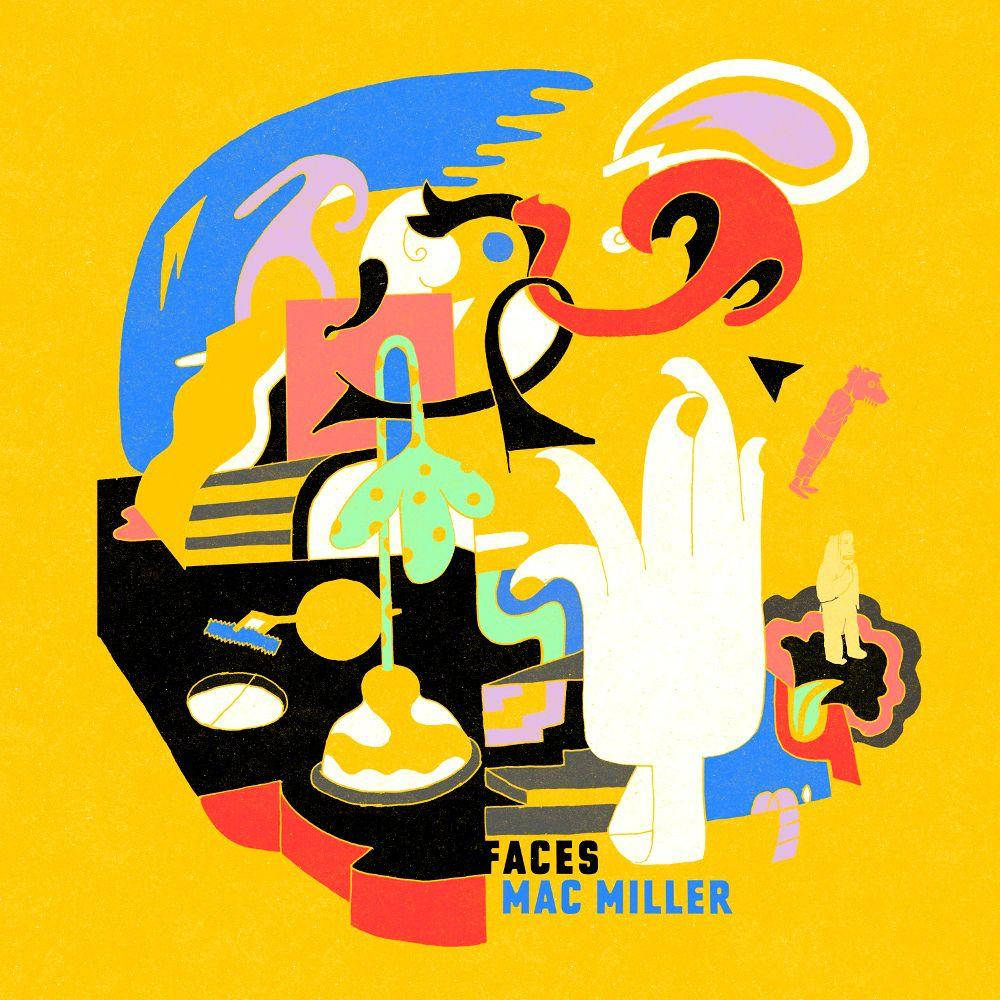 Mac Miller 桌布 壁紙 — 充滿活力的抽象插圖，帶有鮮明的形狀和超現實元素，以黃色背景為襯托。