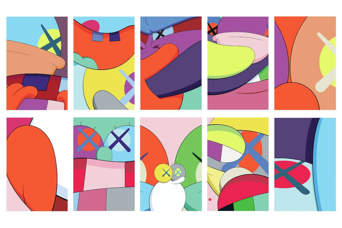 KAWS 桌布 壁紙 — 充滿活力的抽象插圖，採用大膽色彩和帶有 X 標記的眼睛，以網格佈局呈現。