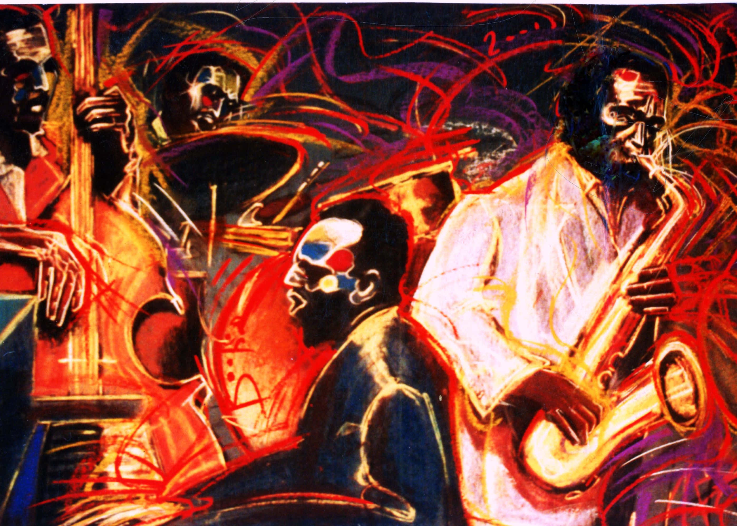Jazz 桌布 壁紙 — 充滿活力的抽象插圖，描繪爵士樂手在旋轉的紅色、紫色和橙色線條中演奏薩克斯風、低音吉他和鼓。
