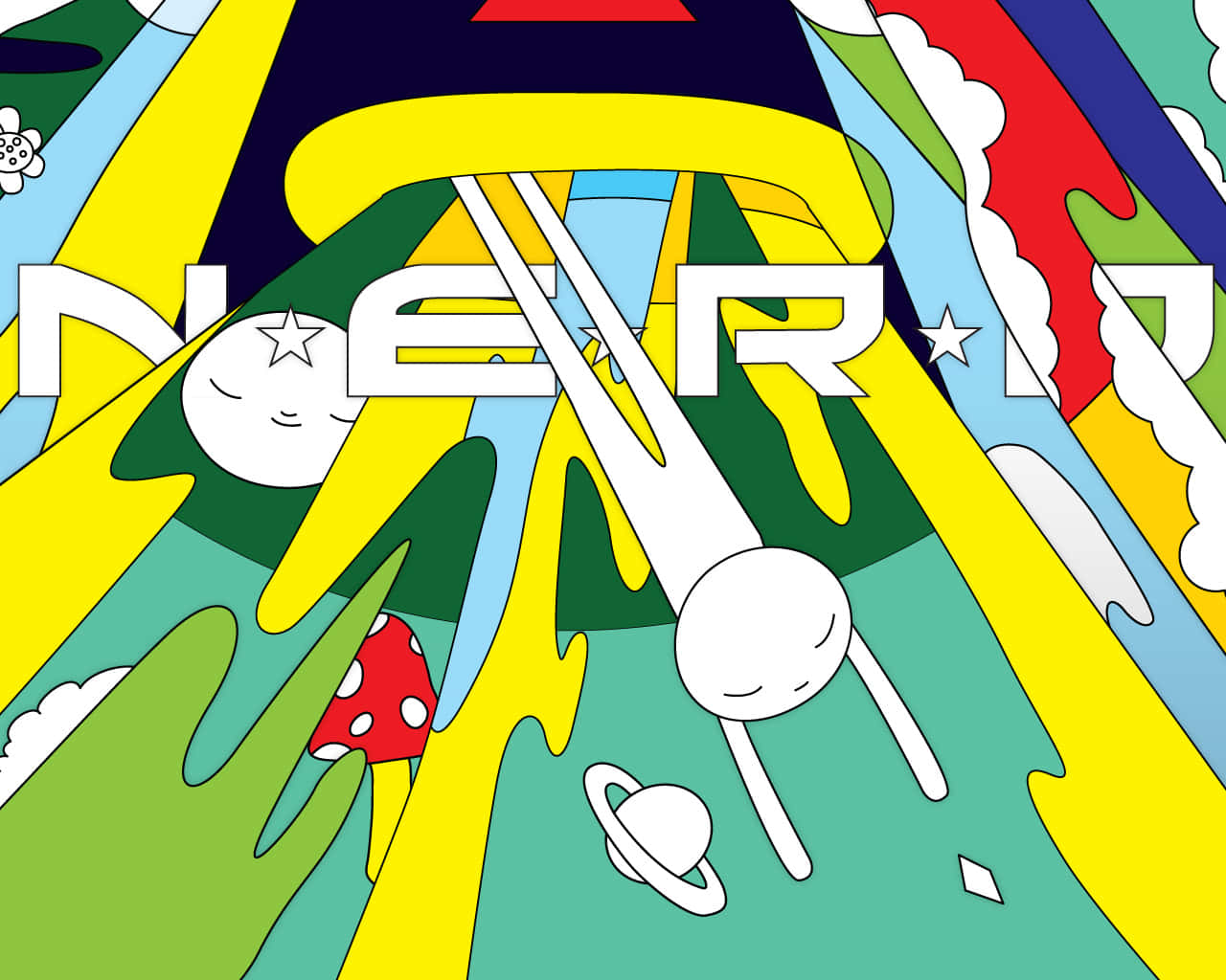 Nerd 桌布 壁紙 — 充滿活力的抽象插圖，色彩大膽，卡通行星漂浮在動態幾何形狀之間。