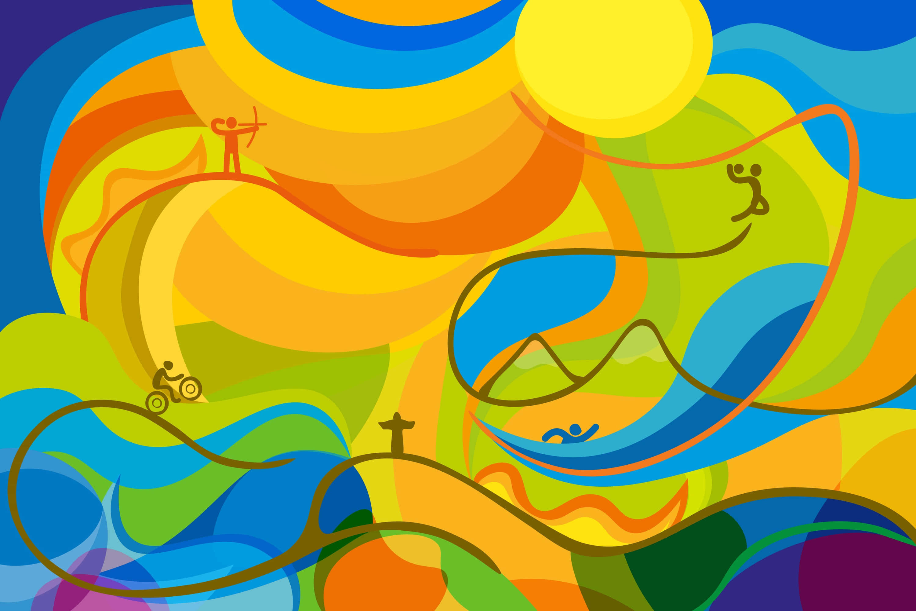 Olympics 桌布 壁紙 — 充滿活力的抽象插圖，風格化的人物在明亮的陽光下在旋轉的彩虹山上騎自行車和攀爬。