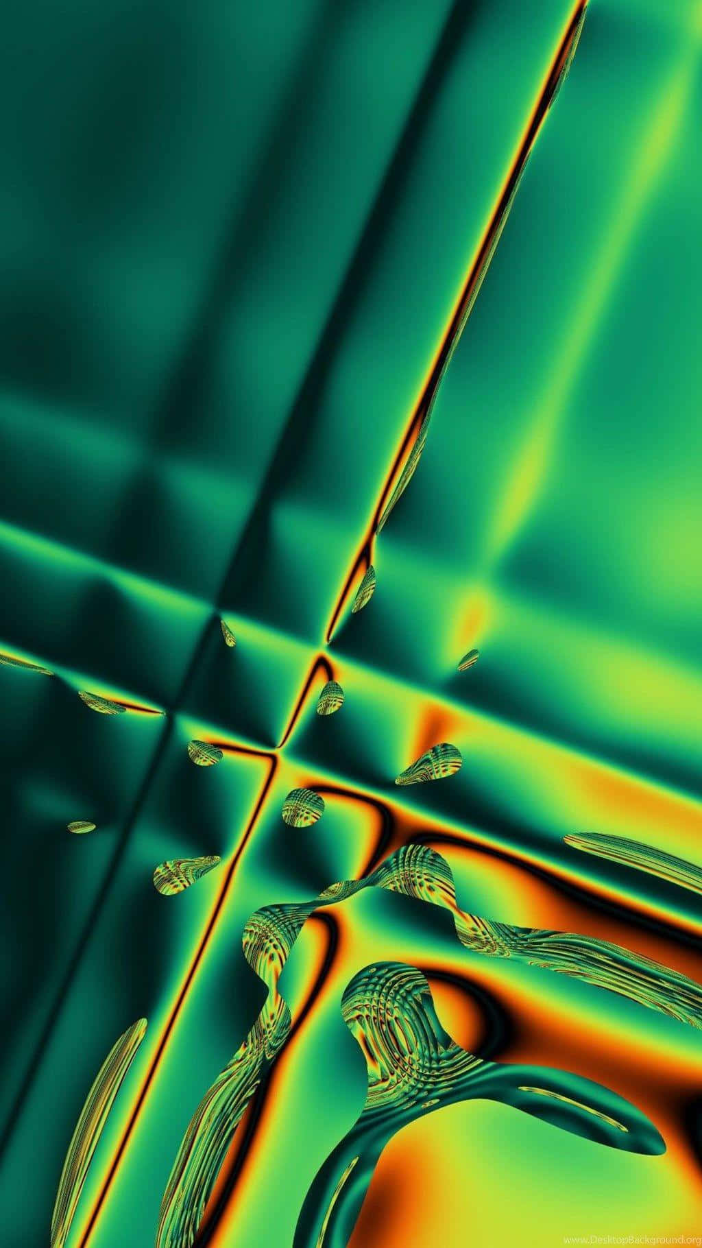 Green Phone 桌布 壁紙 — 充滿活力的抽象數位藝術，帶有流動的綠色和橙色漸變以及發光的幾何形狀。