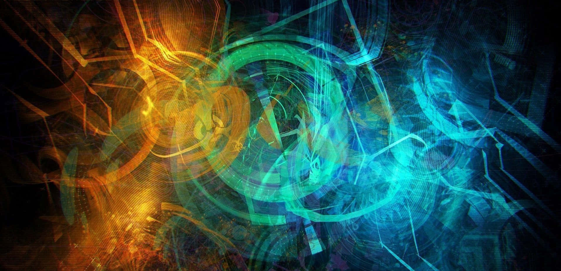 Hologram 桌布 壁紙 — 充滿活力的抽象數位藝術，帶有發光的橙色和藍綠色能量線條，在黑暗背景上旋轉。