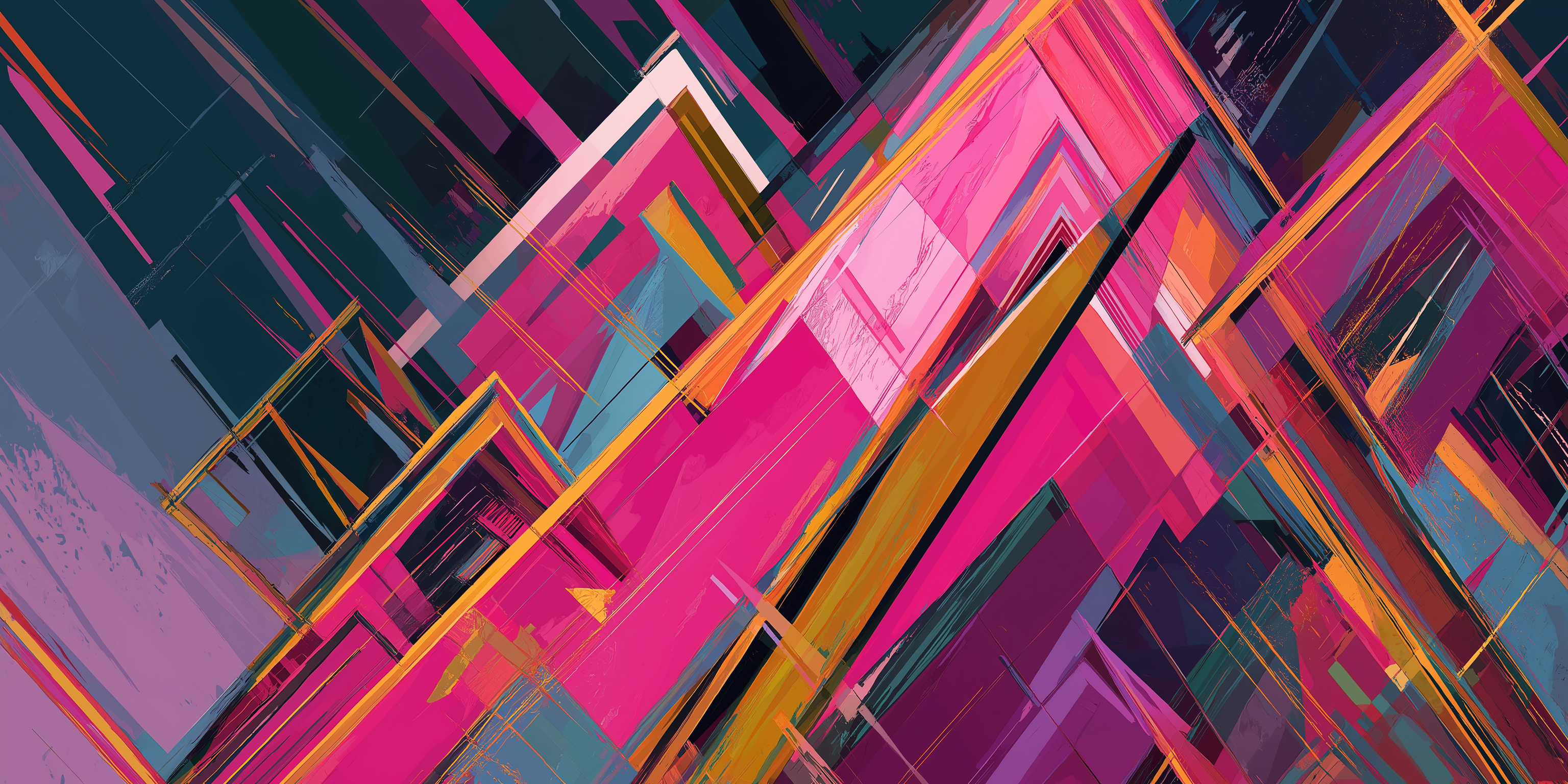 Geometric 桌布 壁紙 — 充滿活力的抽象數位藝術作品，以大膽的洋紅色、粉紅色、藍綠色和金色幾何形狀，以動態的對角線構圖層疊呈現。