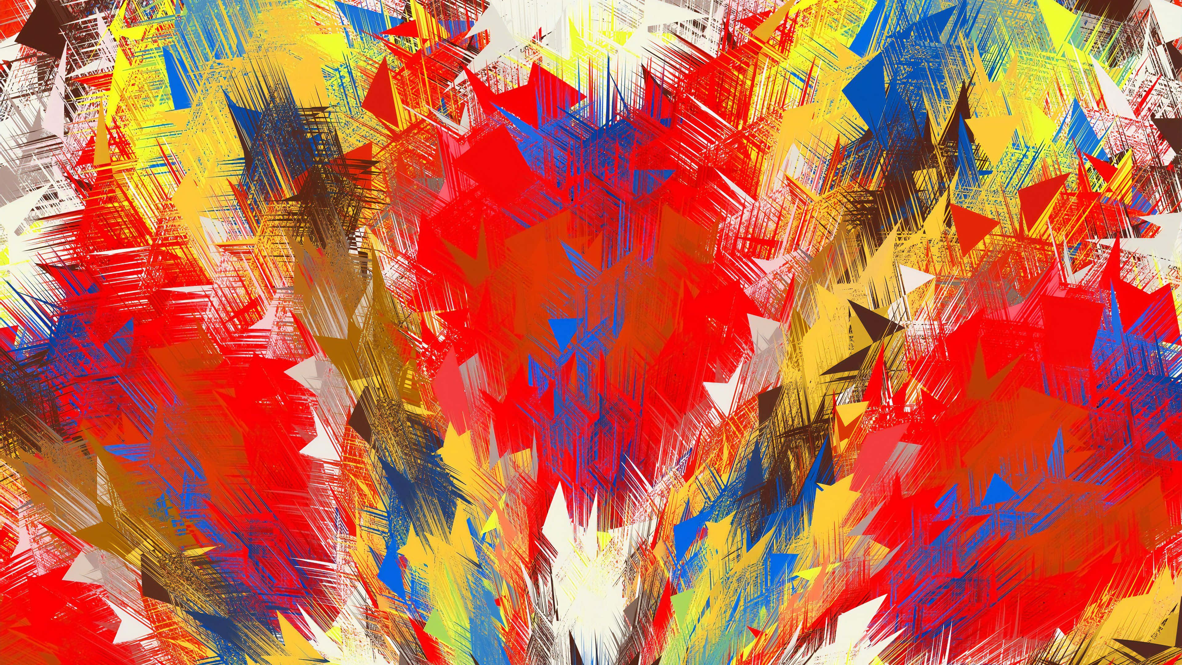 Abstract Expressionism 桌布 壁紙 — 充滿活力的抽象數位藝術作品，以紅色、黃色和藍色的筆觸爆發出動態的三角形形狀。