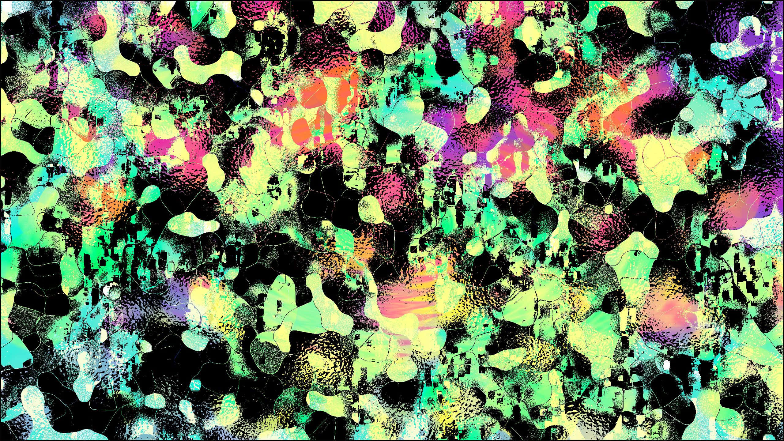 Trippy Fractals 桌布 壁紙 — 充滿活力的抽象數位藝術作品，在深色紋理背景上帶有綠色、粉紅色和紫色的霓虹色潑濺。